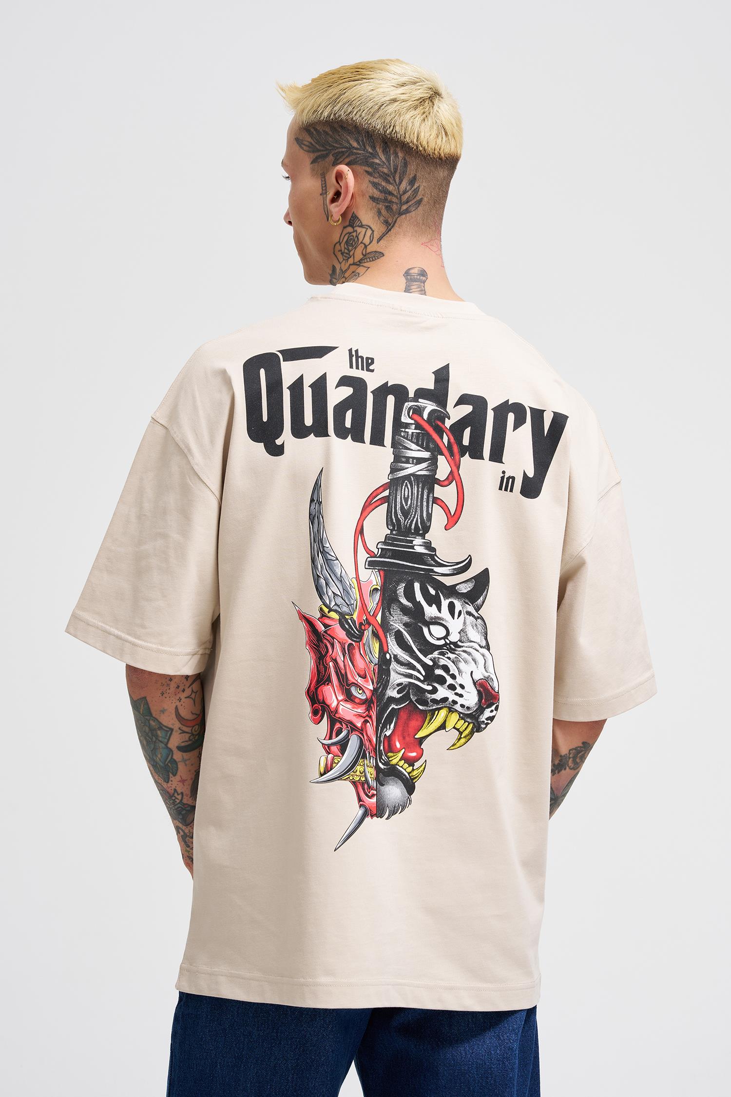 Erkek The Quandary Baskılı Oversize Tişört Açık Bej