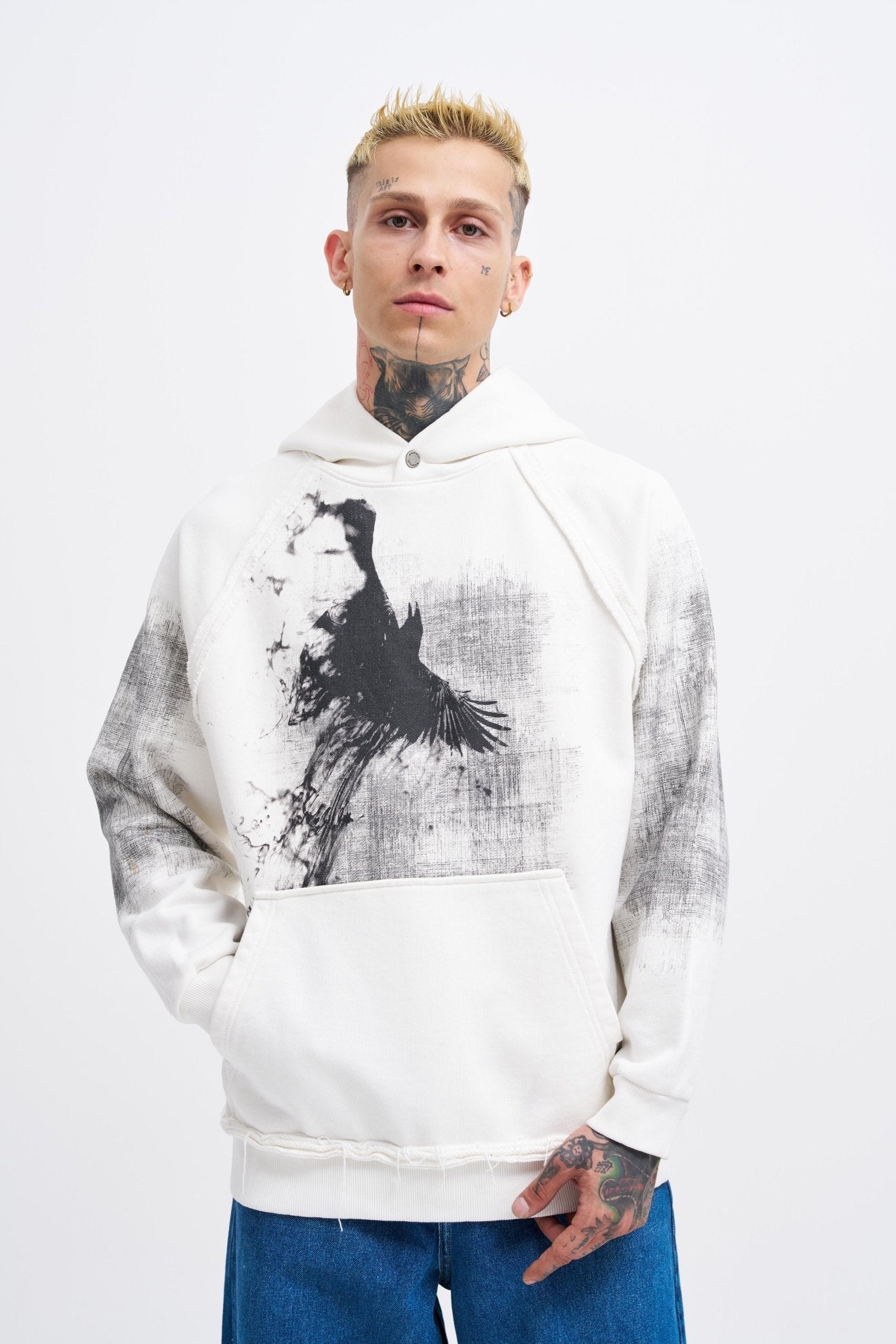 Erkek Tumbled Printed Kapüşonlu Sweatshirt Ekru