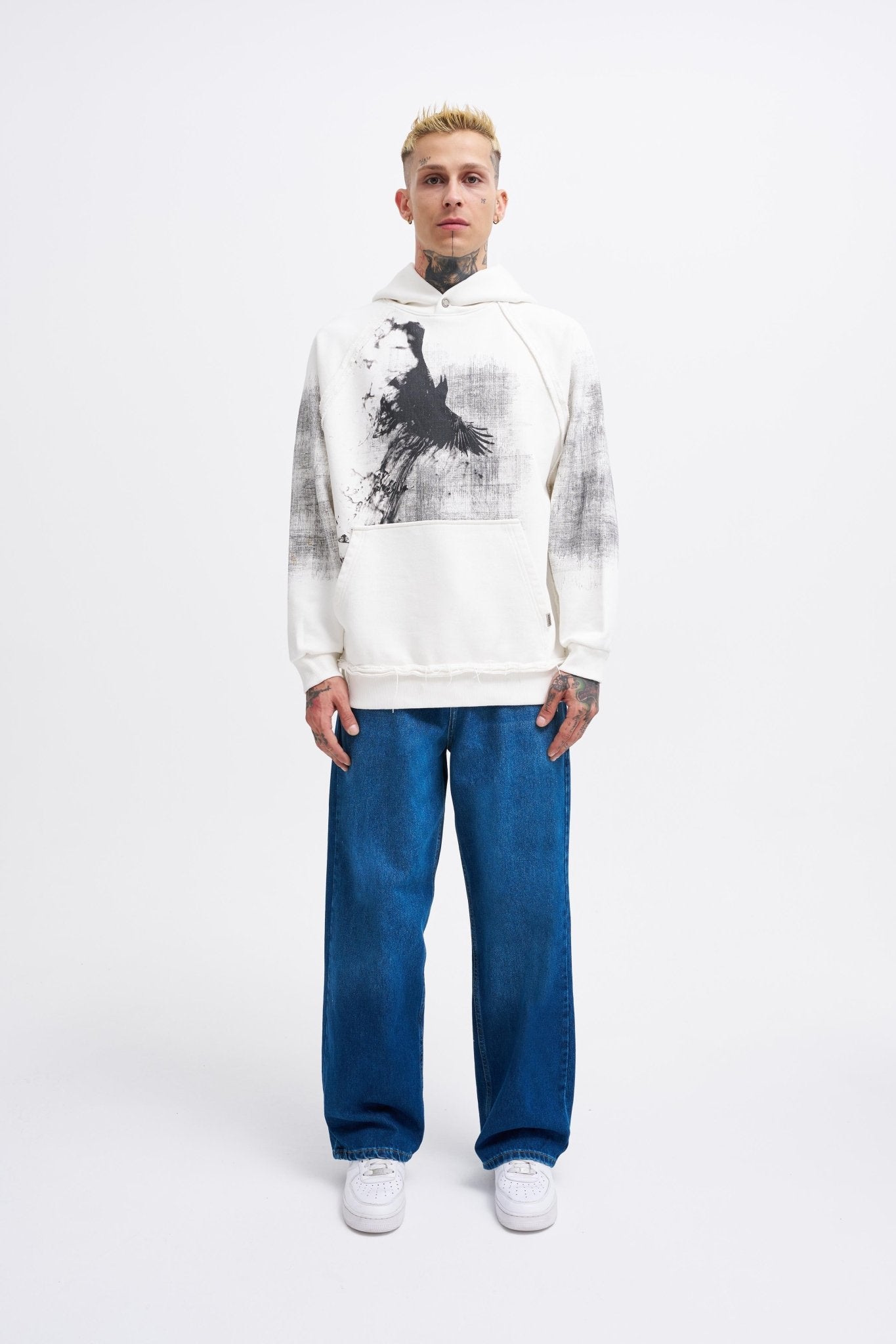 Erkek Tumbled Printed Kapüşonlu Sweatshirt Ekru