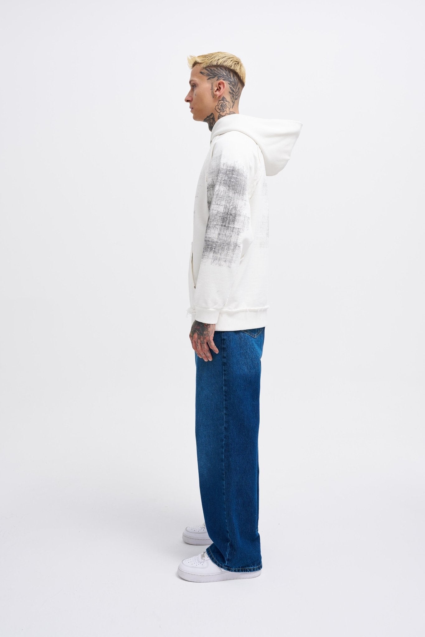 Erkek Tumbled Printed Kapüşonlu Sweatshirt Ekru