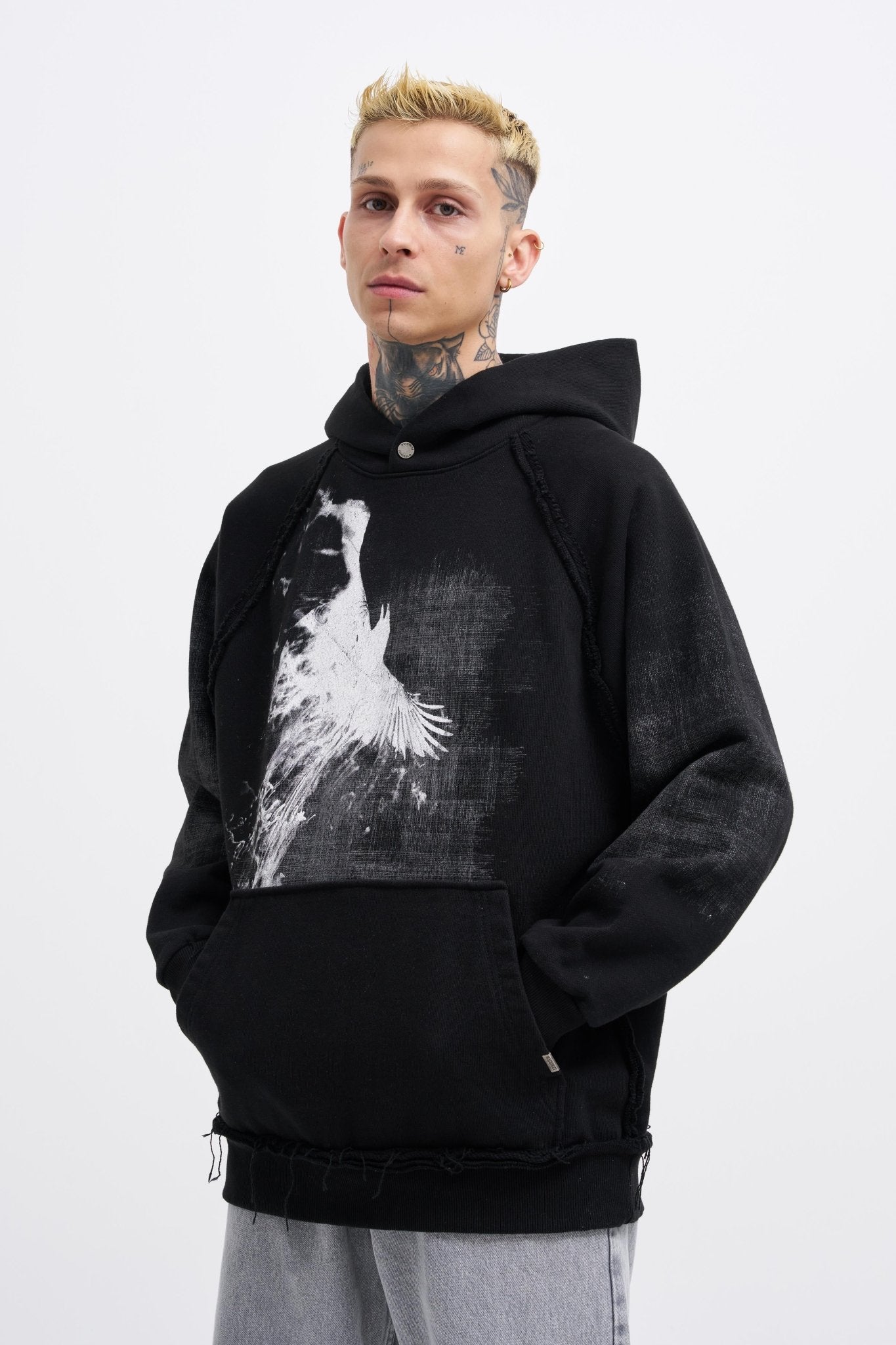 Erkek Tumbled Printed Kapüşonlu Sweatshirt Siyah