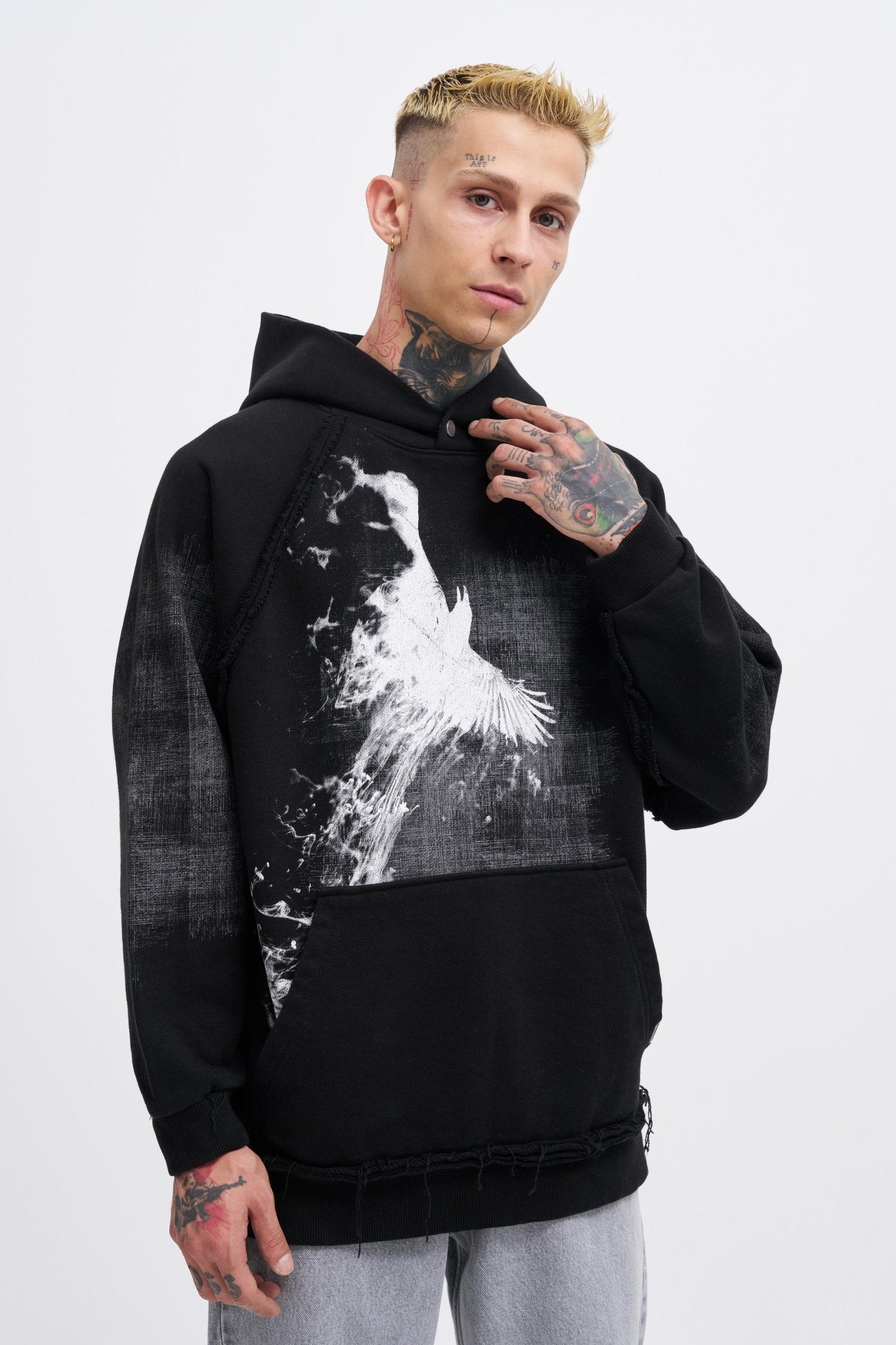 Erkek Tumbled Printed Kapüşonlu Sweatshirt Siyah