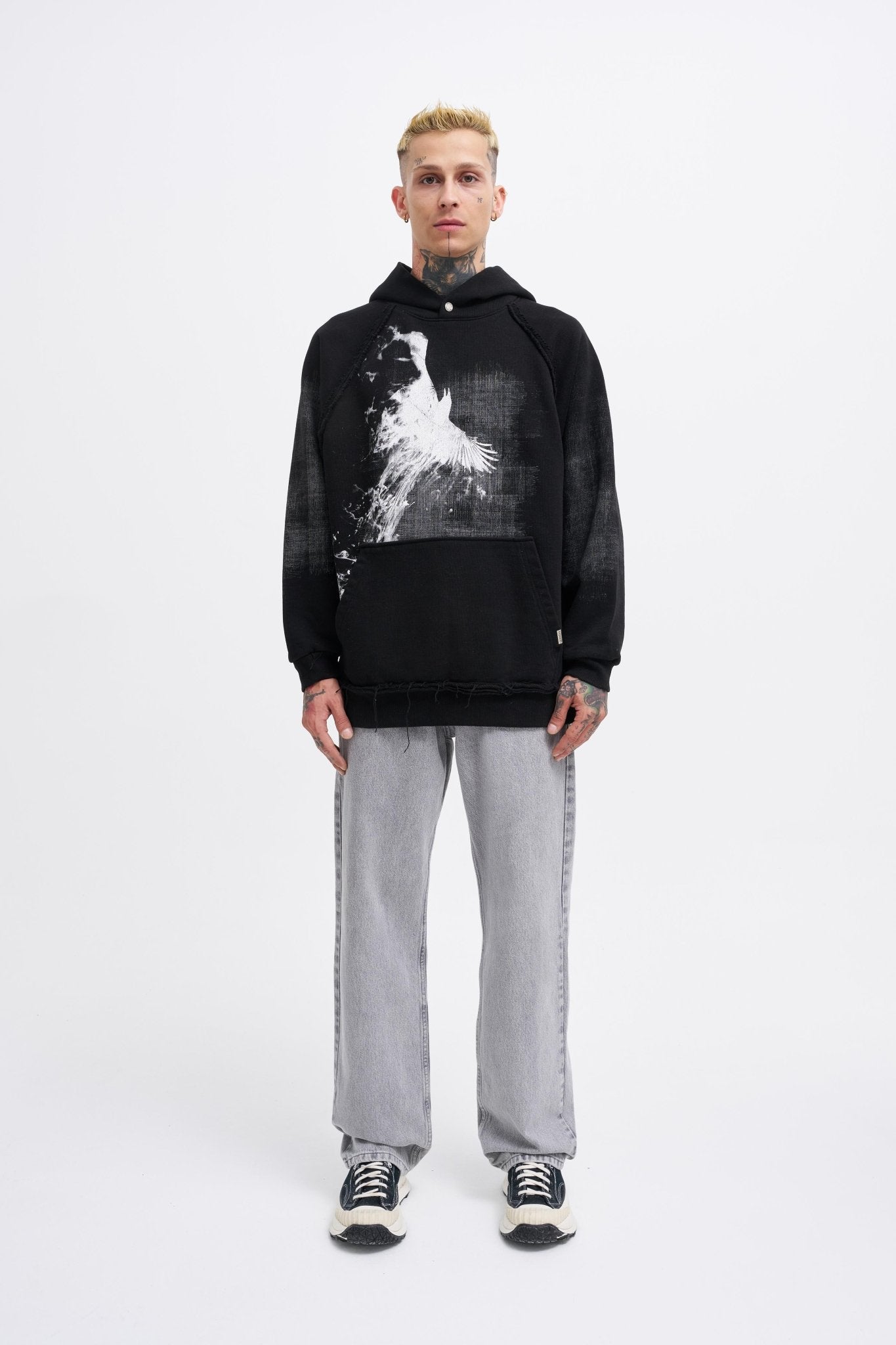Erkek Tumbled Printed Kapüşonlu Sweatshirt Siyah