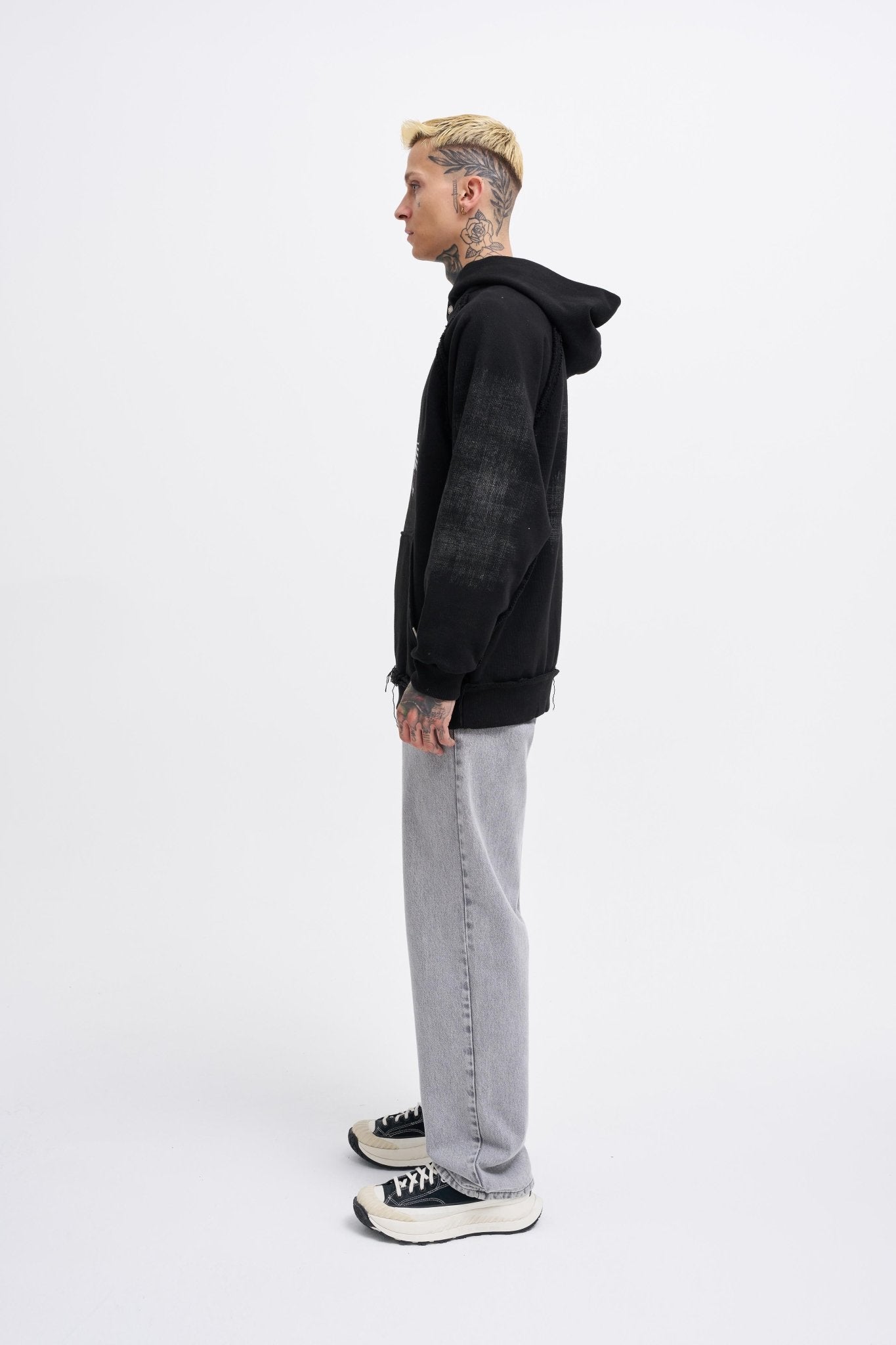 Erkek Tumbled Printed Kapüşonlu Sweatshirt Siyah