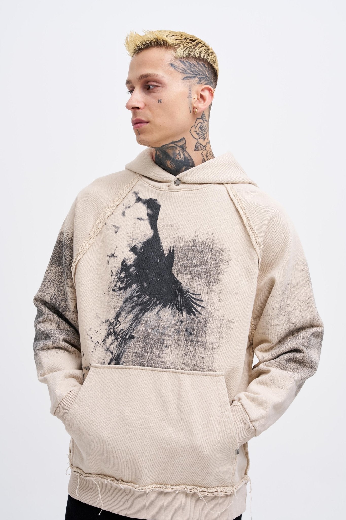 Erkek Tumbled Printed Kapüşonlu Sweatshirt Açık Bej