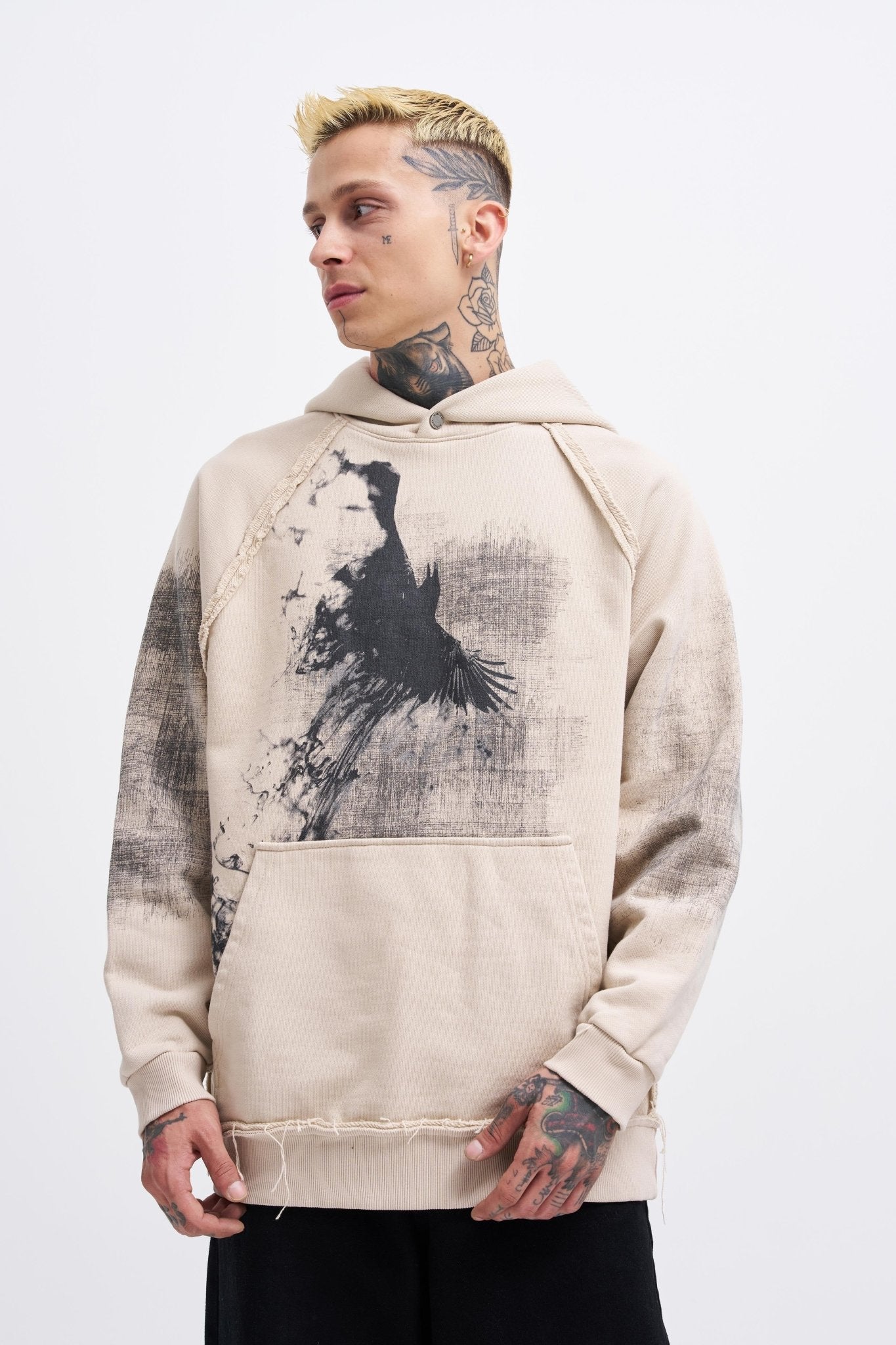 Erkek Tumbled Printed Kapüşonlu Sweatshirt Açık Bej