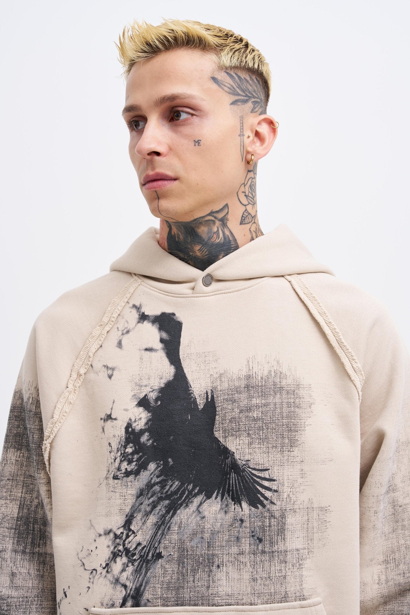 Erkek Tumbled Printed Kapüşonlu Sweatshirt Açık Bej