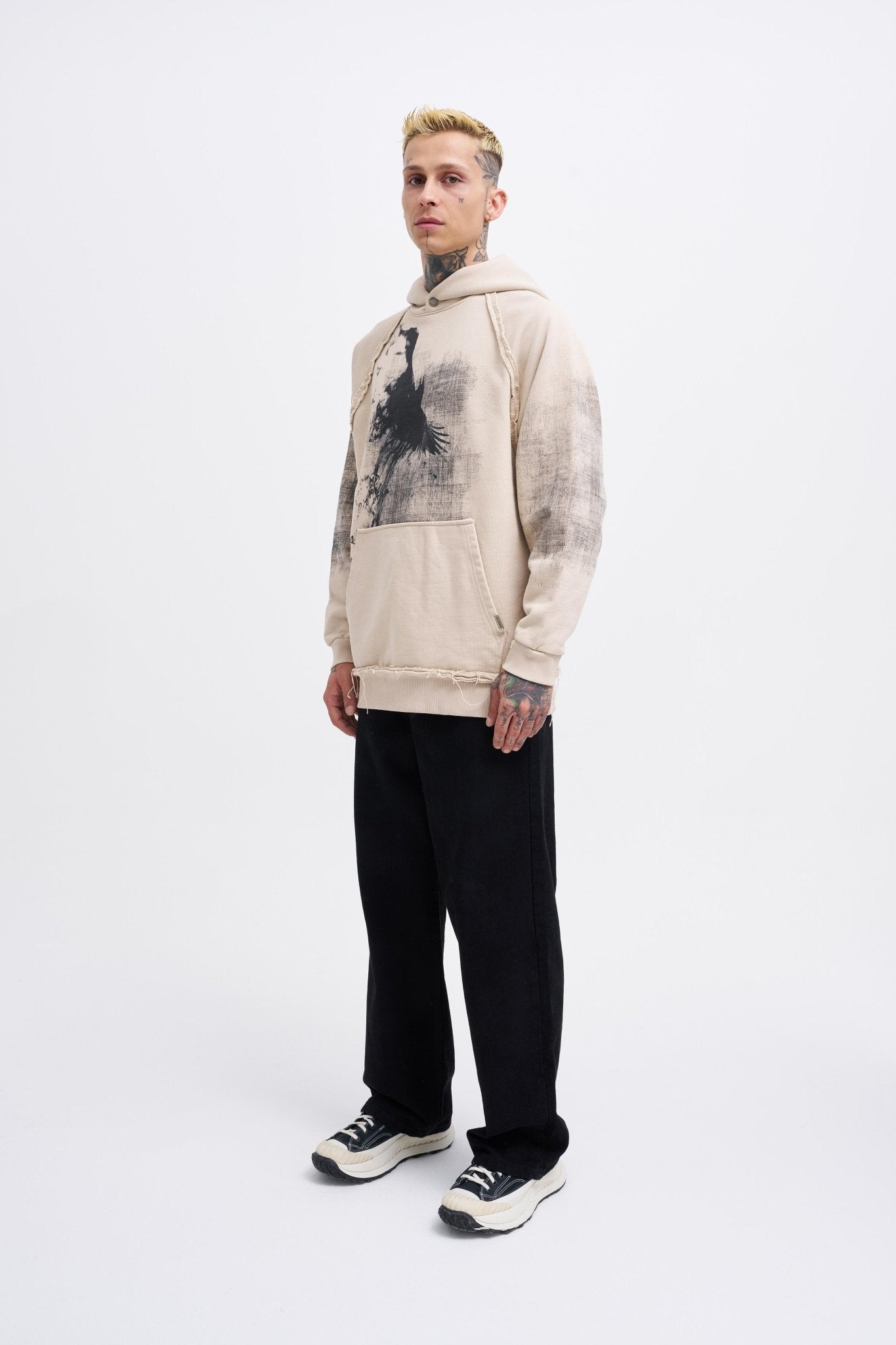 Erkek Tumbled Printed Kapüşonlu Sweatshirt Açık Bej
