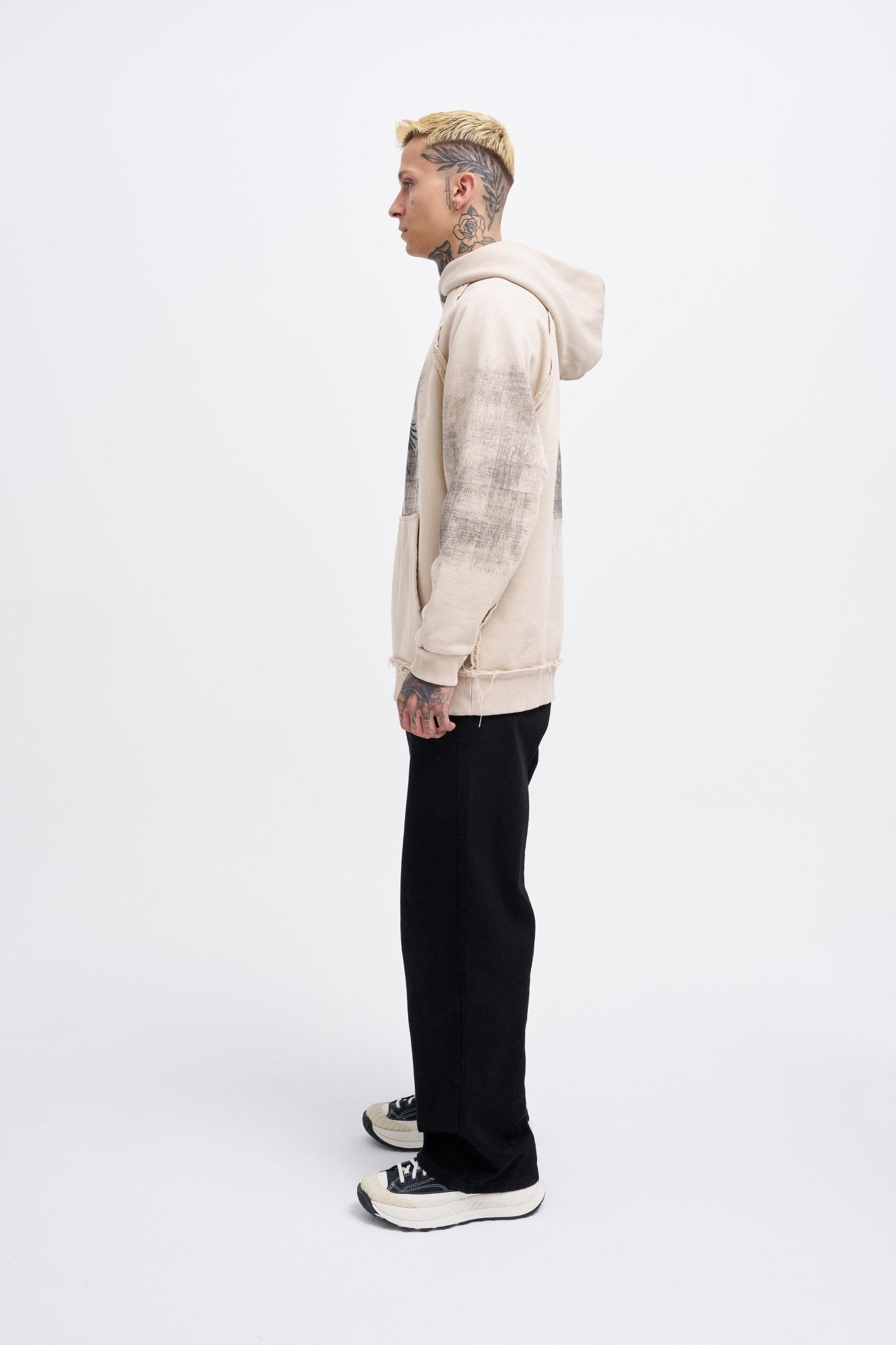 Erkek Tumbled Printed Kapüşonlu Sweatshirt Açık Bej