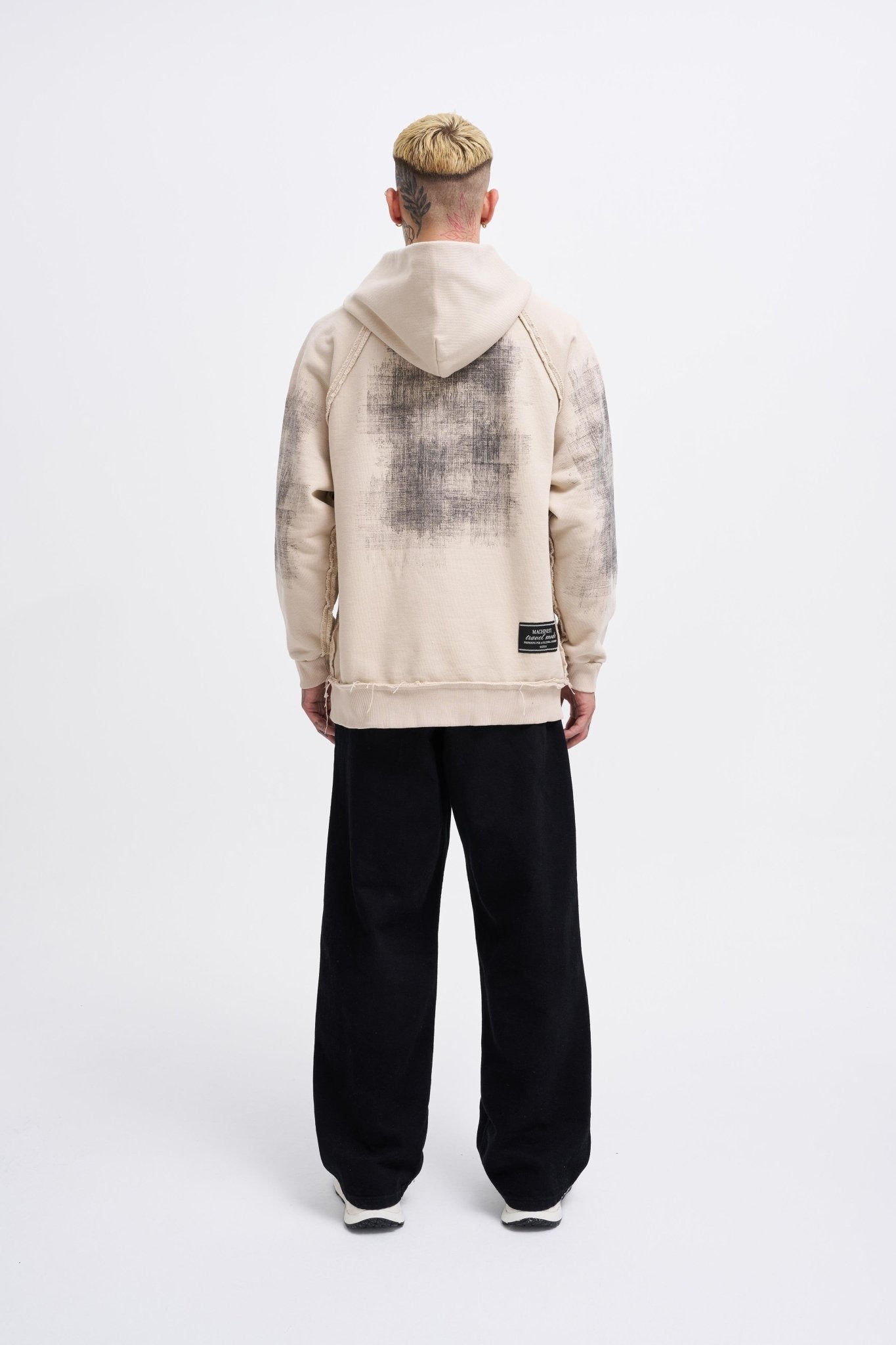 Erkek Tumbled Printed Kapüşonlu Sweatshirt Açık Bej