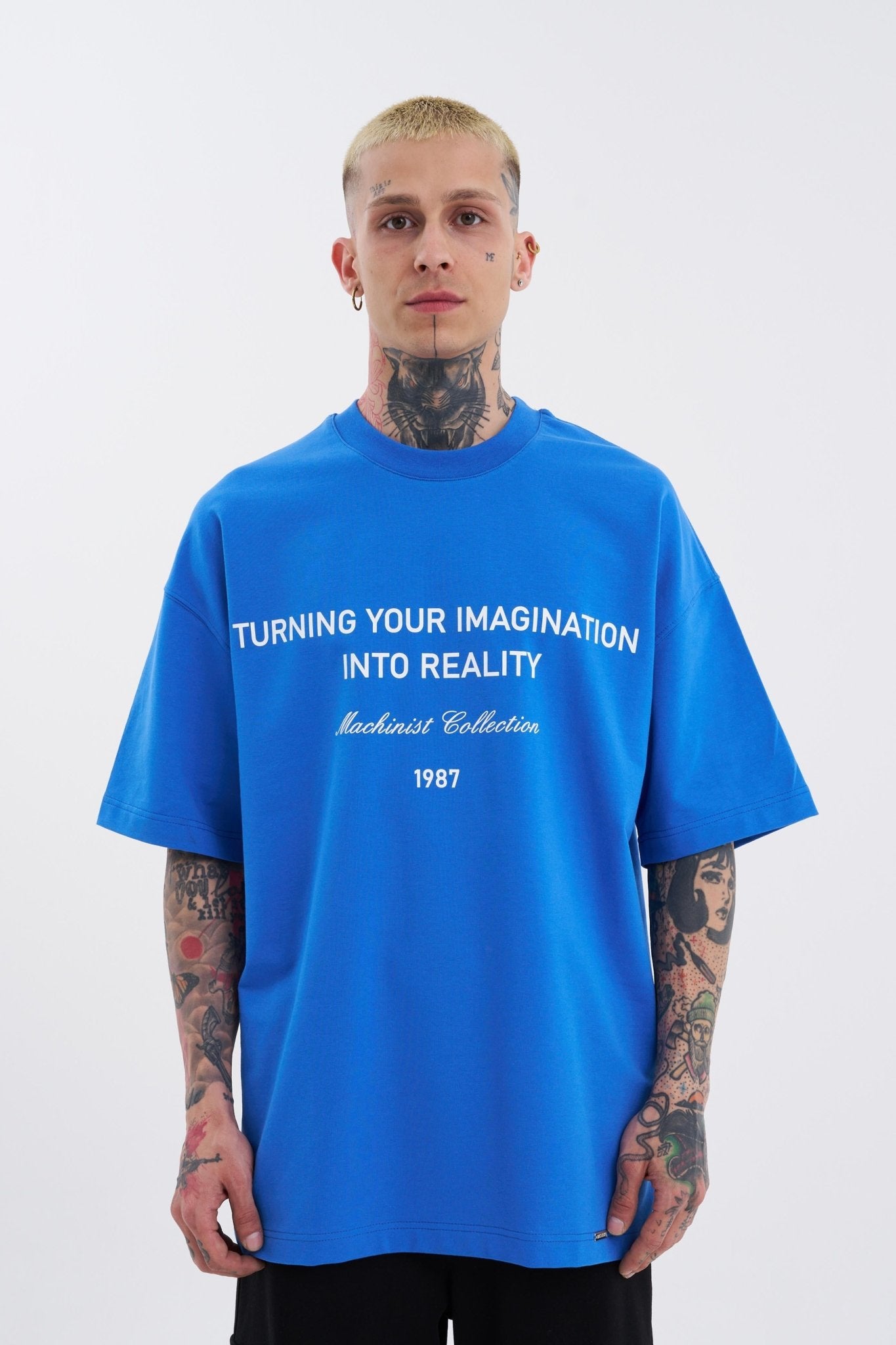 Erkek Turning Your Imagination Baskılı Oversize Tişört Açık Mavi