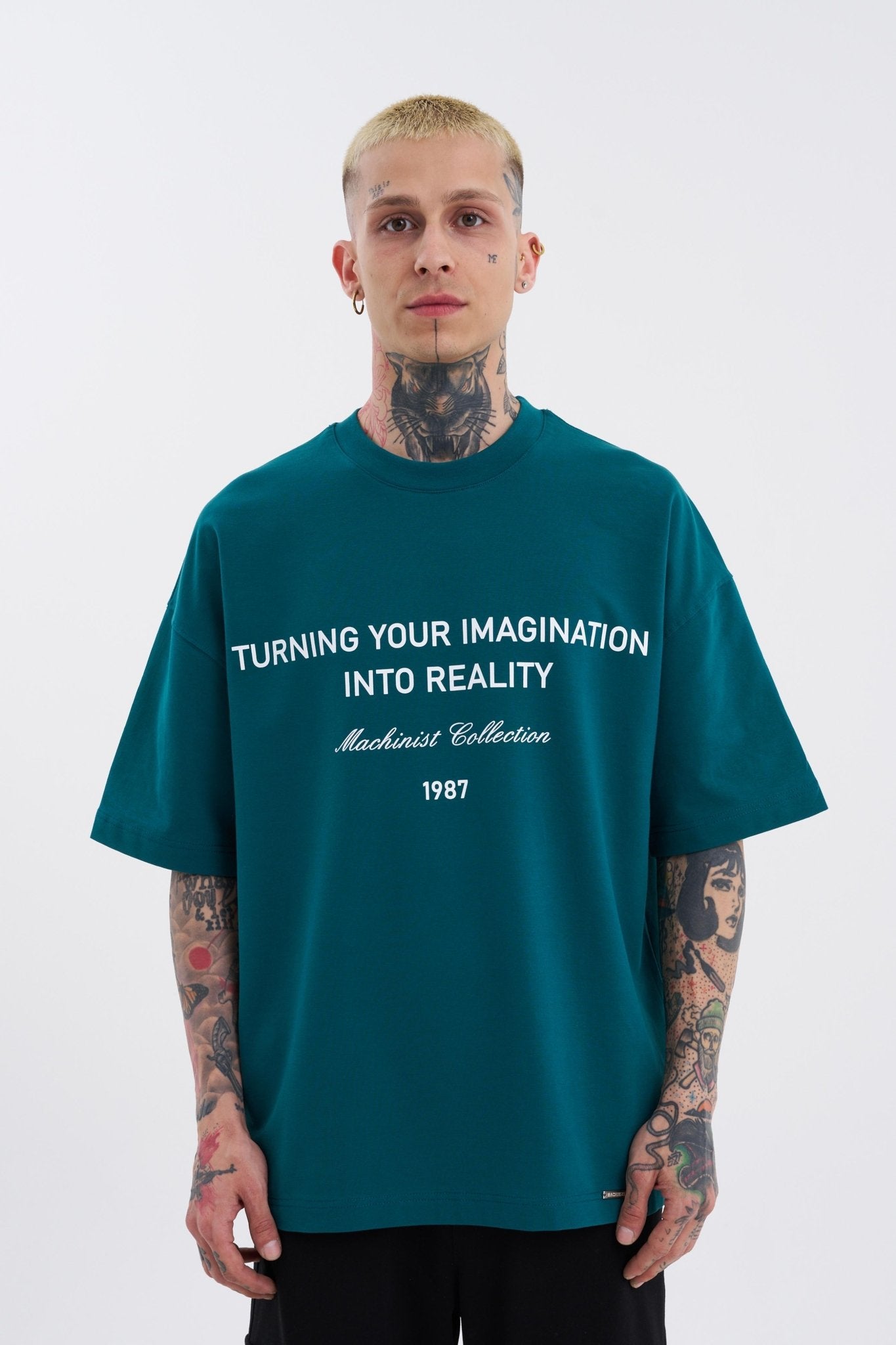 Erkek Turning Your Imagination Baskılı Oversize Tişört Yağ Yeşili