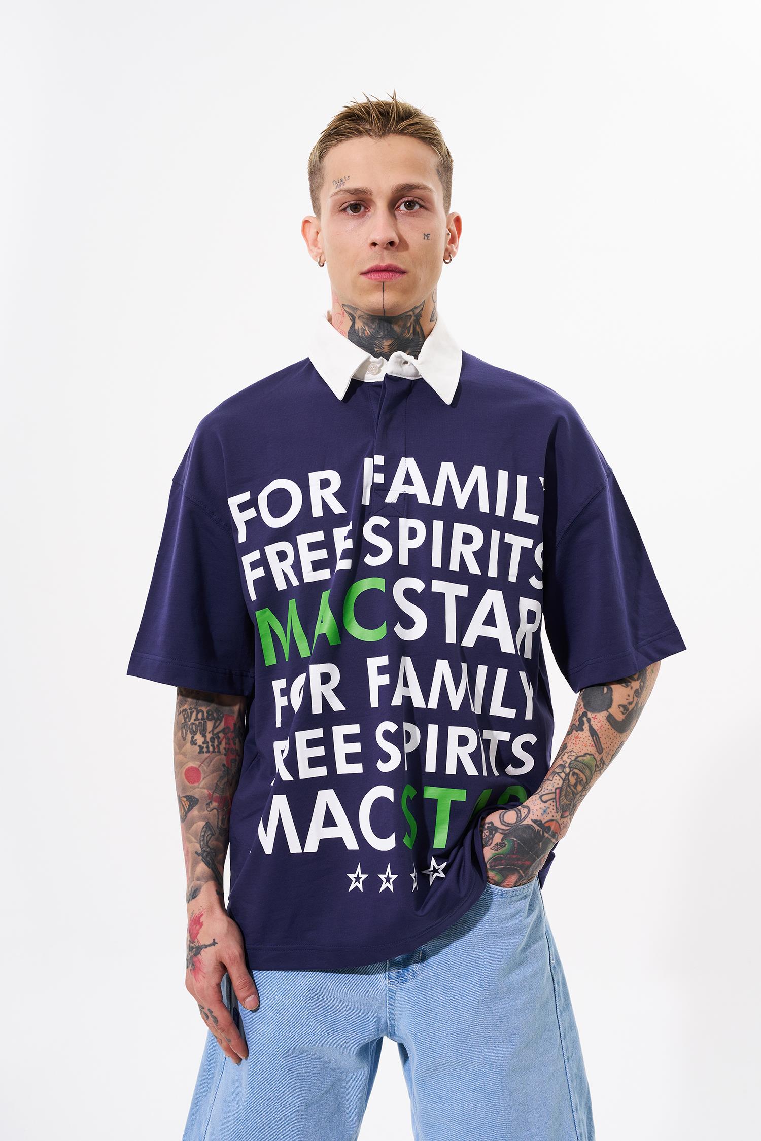 Erkek Wide Prinred Baskılı Polo Yaka Tişört Gece Mavisi