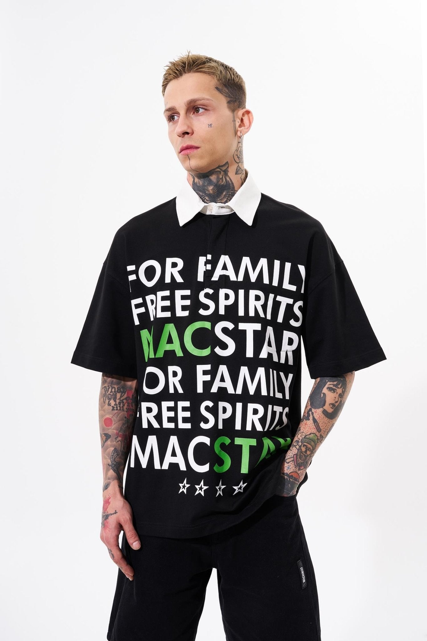 Erkek Wide Prinred Baskılı Polo Yaka Tişört Siyah
