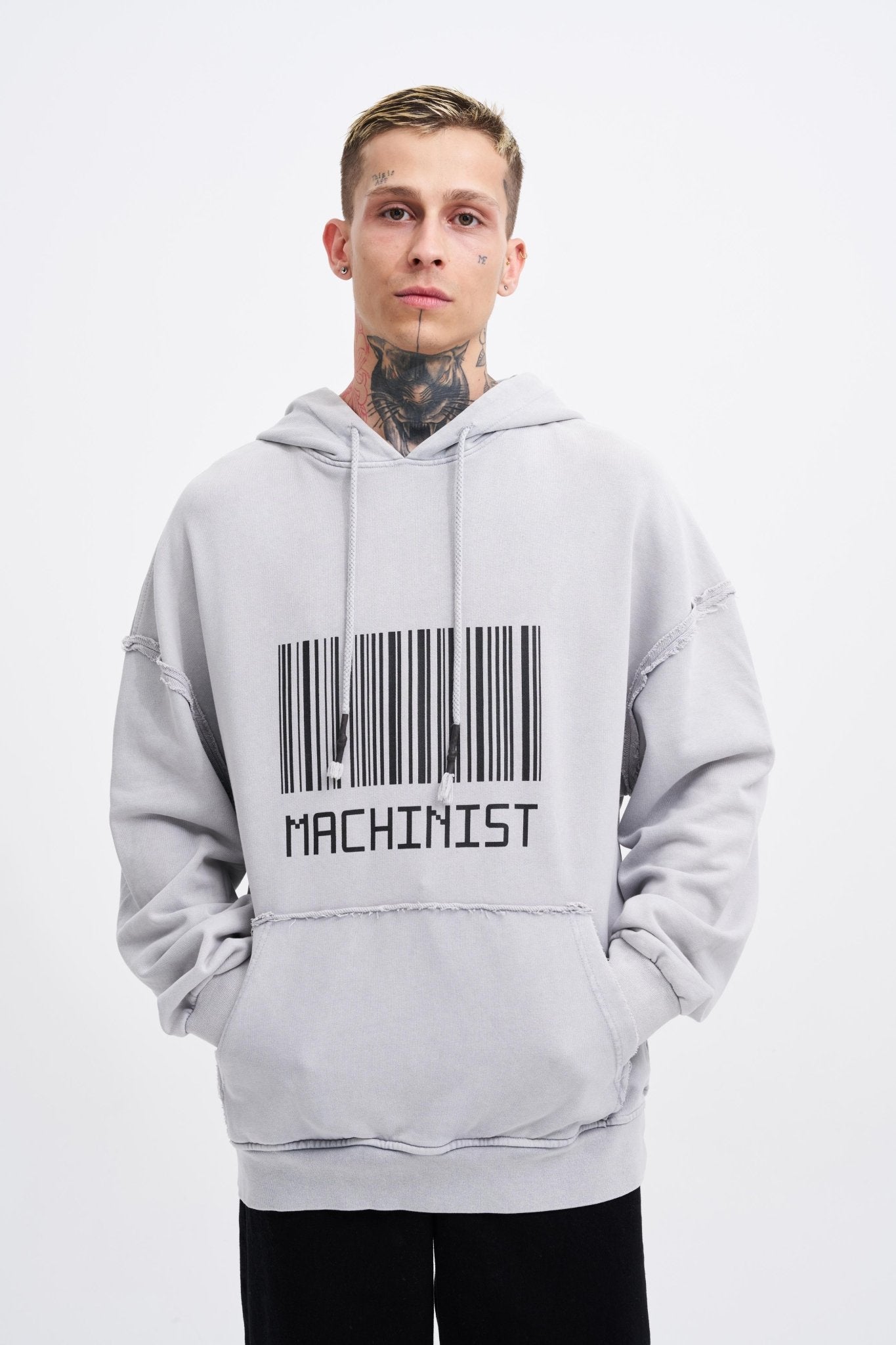 Erkek Yıkamalı Barkod Baskılı Kapüşonlu Oversize Sweatshirt Gri