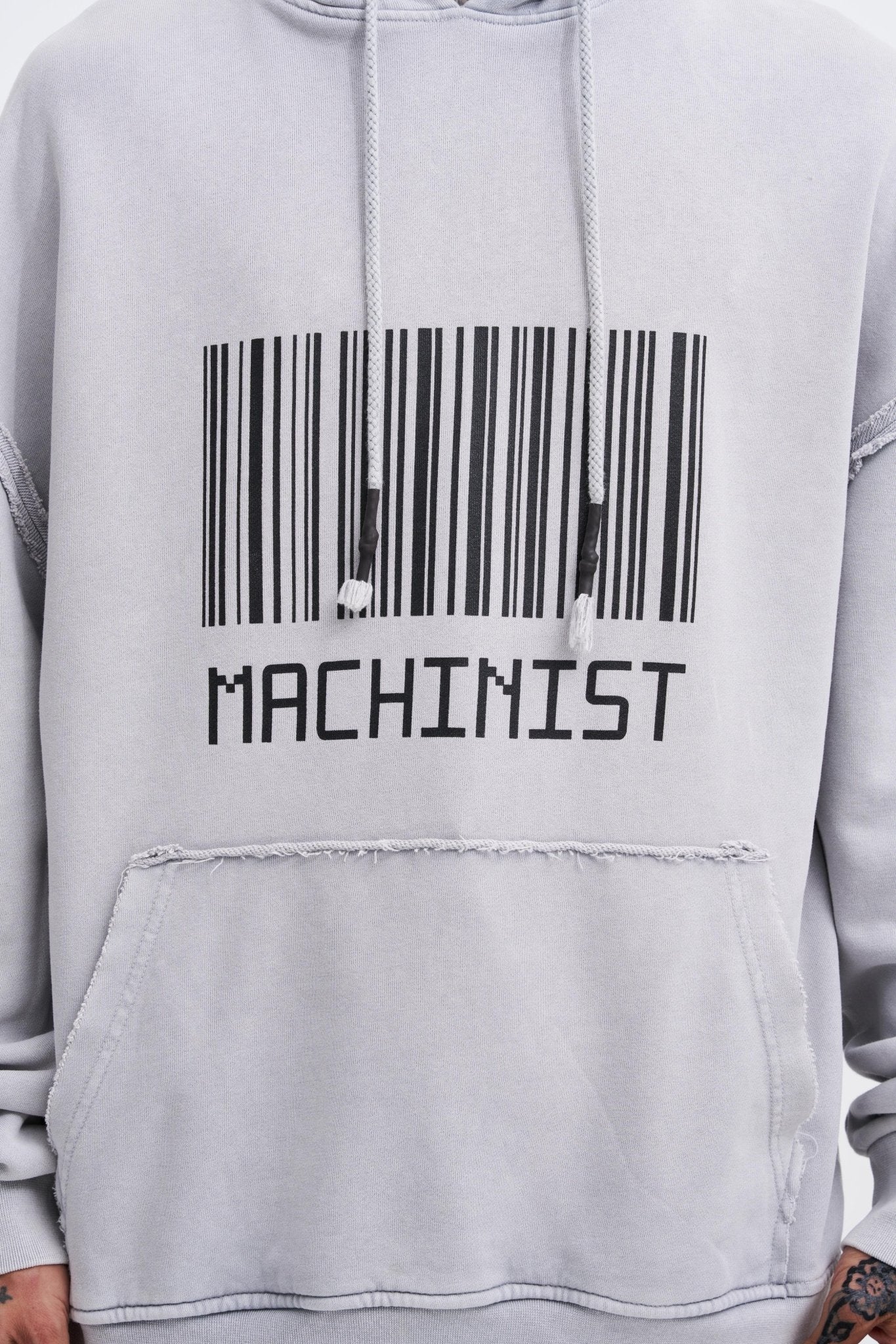 Erkek Yıkamalı Barkod Baskılı Kapüşonlu Oversize Sweatshirt Gri