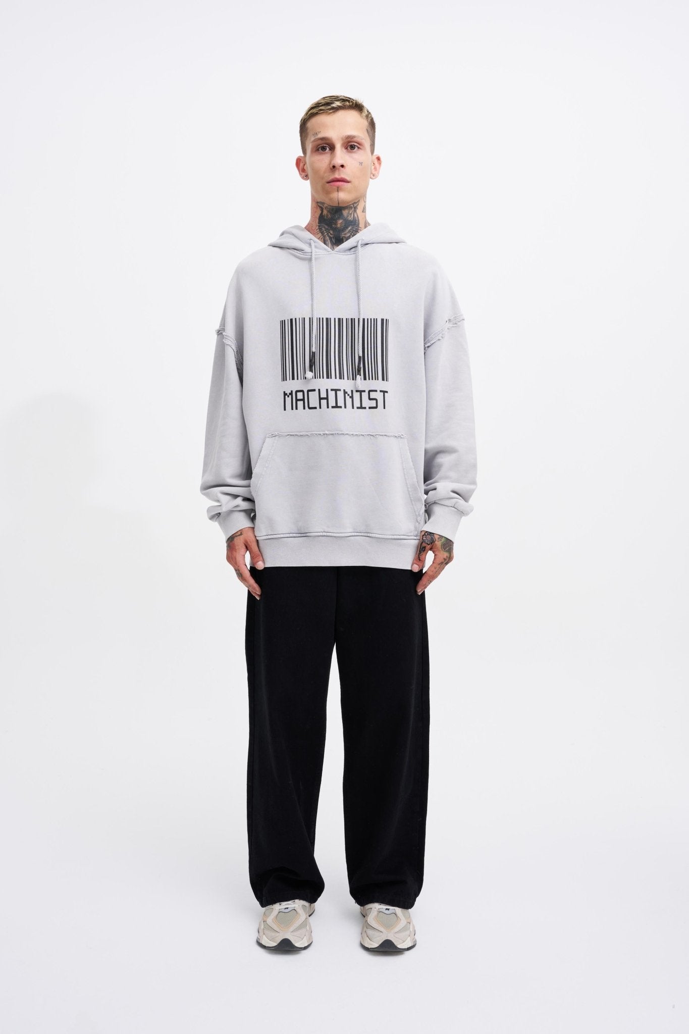 Erkek Yıkamalı Barkod Baskılı Kapüşonlu Oversize Sweatshirt Gri