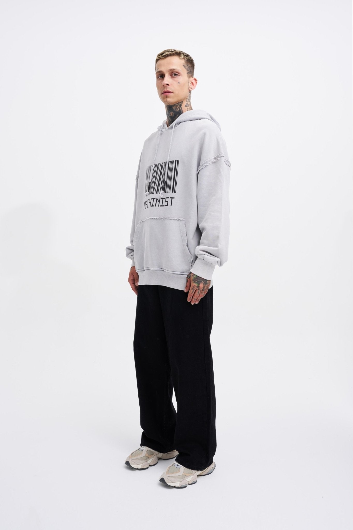 Erkek Yıkamalı Barkod Baskılı Kapüşonlu Oversize Sweatshirt Gri