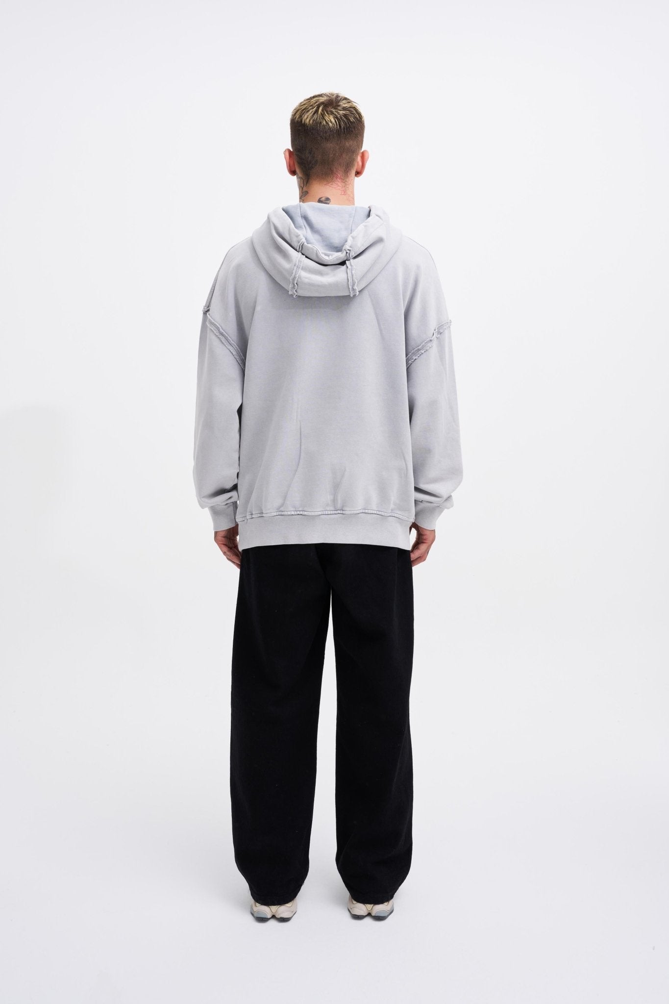 Erkek Yıkamalı Barkod Baskılı Kapüşonlu Oversize Sweatshirt Gri