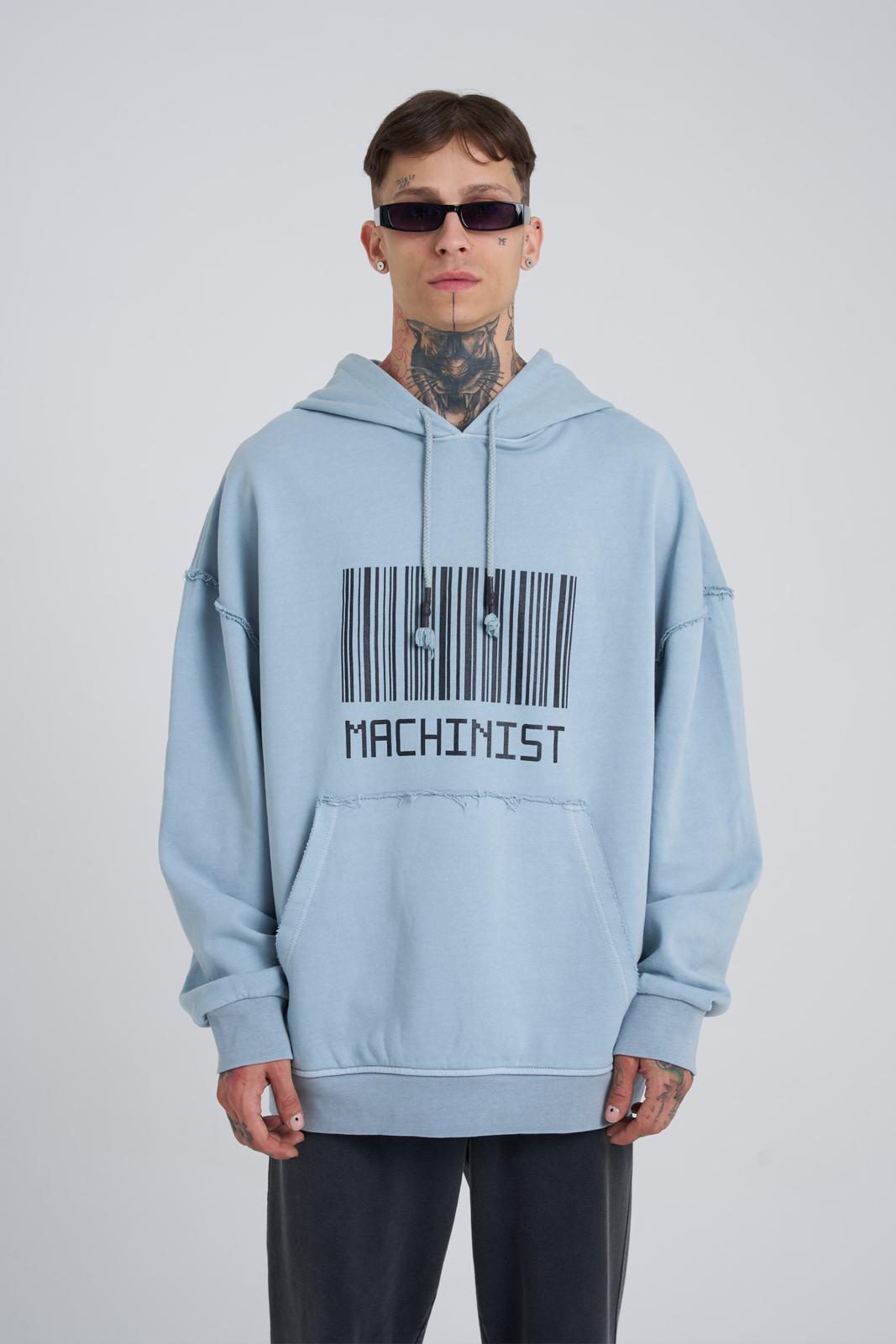 Erkek Yıkamalı Barkod Baskılı Kapüşonlu Oversize Sweatshirt Gri