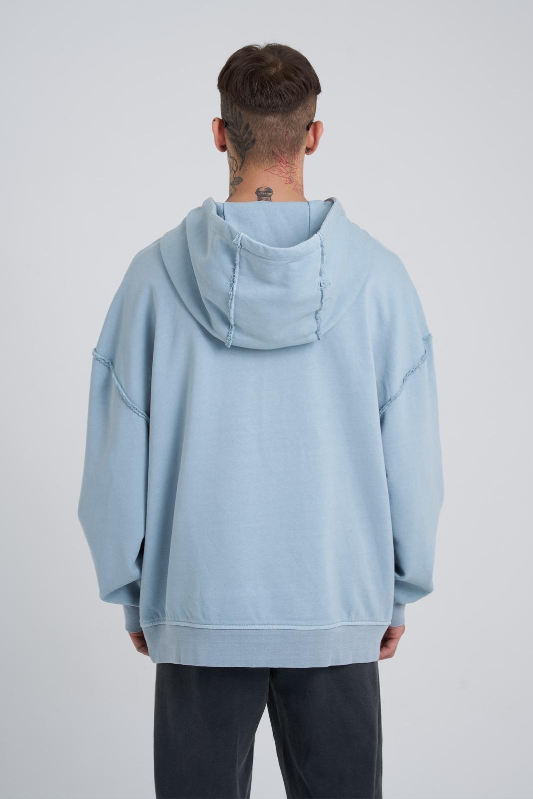 Erkek Yıkamalı Barkod Baskılı Kapüşonlu Oversize Sweatshirt Gri