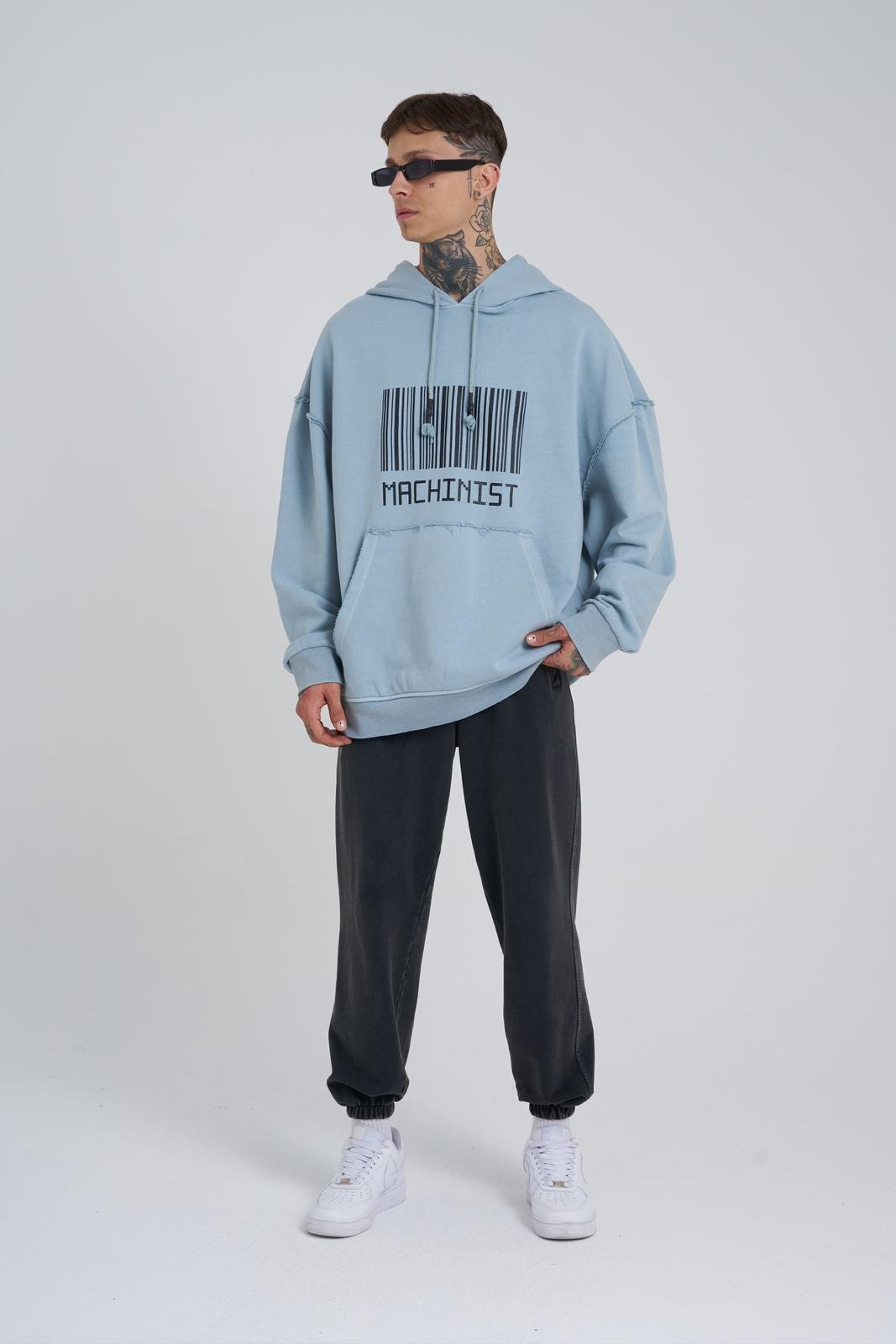 Erkek Yıkamalı Barkod Baskılı Kapüşonlu Oversize Sweatshirt Gri