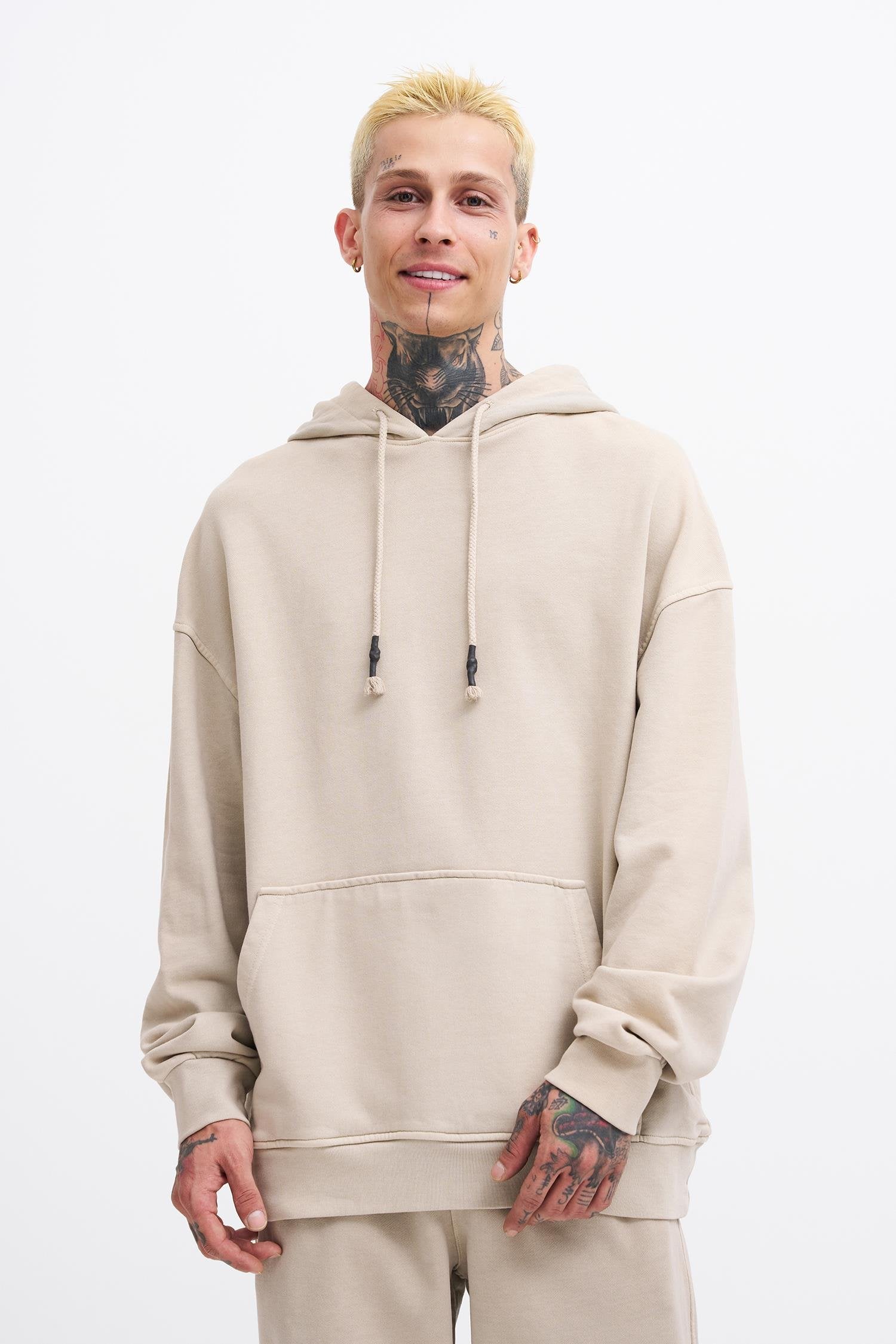 Erkek Yıkamalı Basic Kapüşonlu Oversize Sweatshirt Açık Bej
