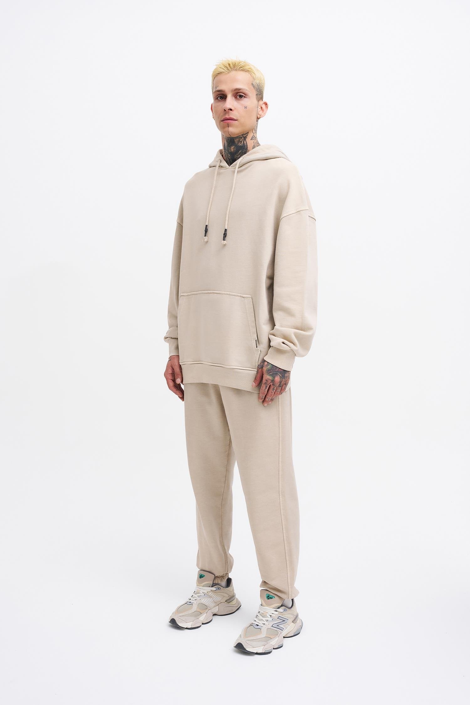 Erkek Yıkamalı Basic Kapüşonlu Oversize Sweatshirt Açık Bej