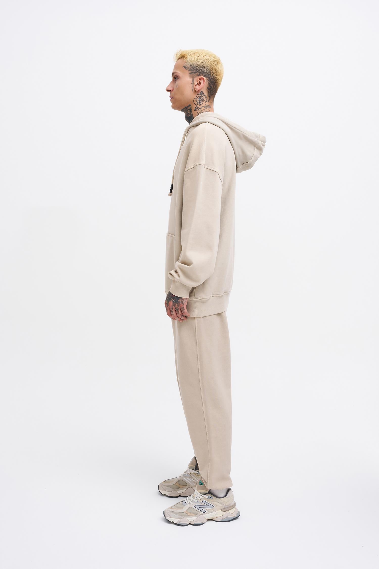 Erkek Yıkamalı Basic Kapüşonlu Oversize Sweatshirt Açık Bej
