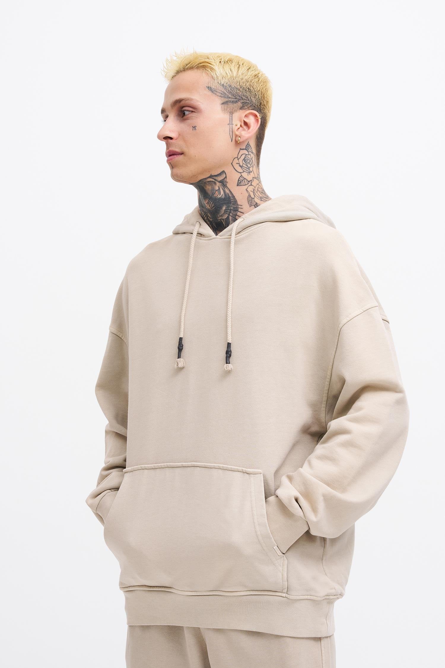 Erkek Yıkamalı Basic Kapüşonlu Oversize Sweatshirt Açık Bej