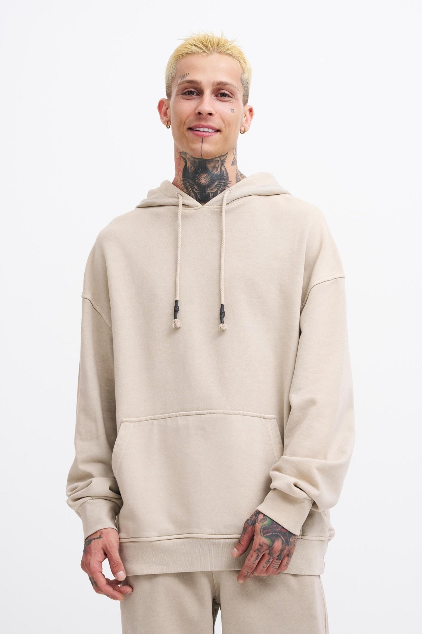 Erkek Yıkamalı Basic Kapüşonlu Oversize Sweatshirt Açık Bej