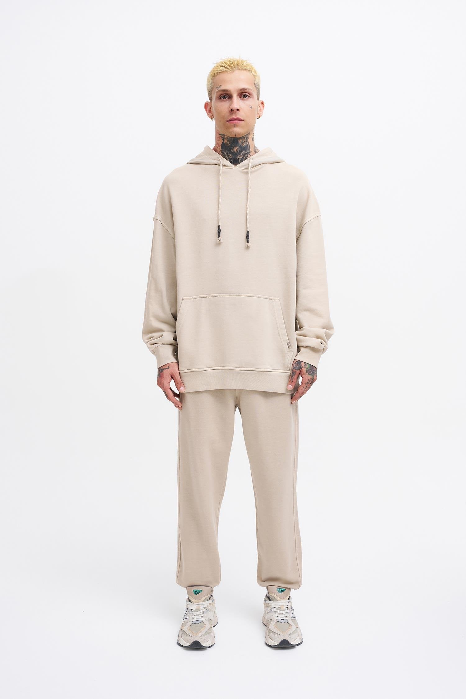 Erkek Yıkamalı Basic Kapüşonlu Oversize Sweatshirt Açık Bej