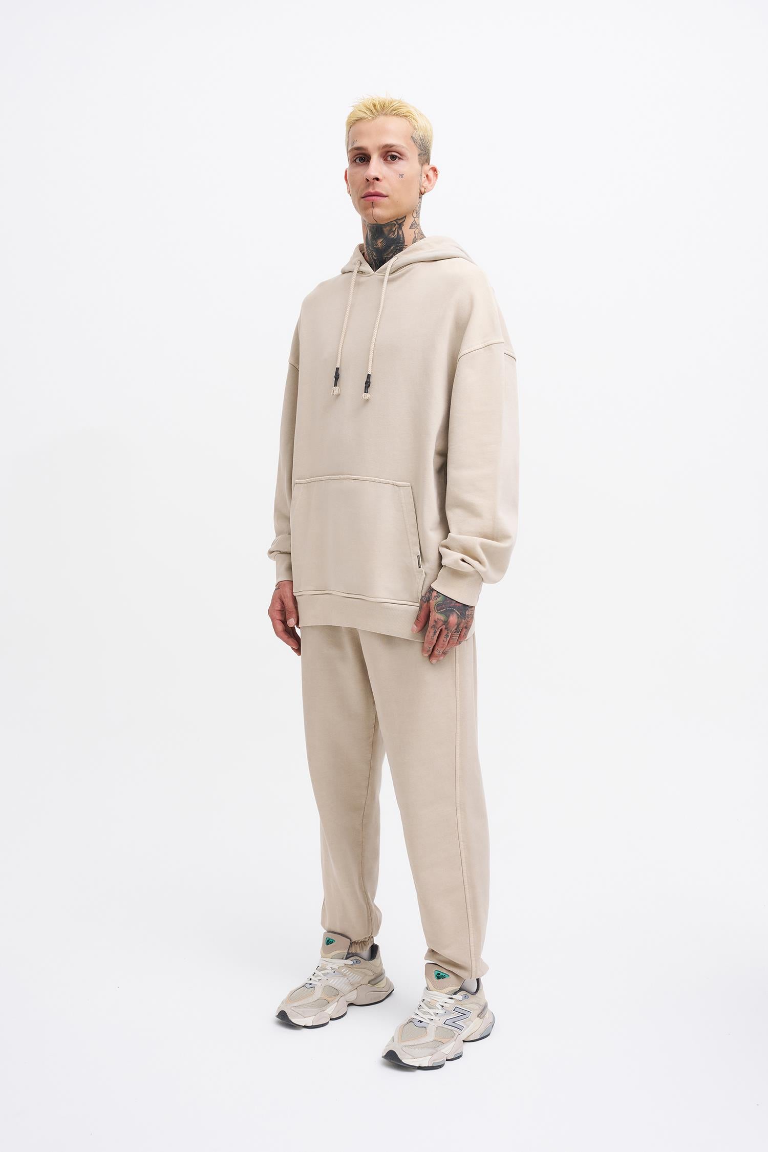 Erkek Yıkamalı Basic Kapüşonlu Oversize Sweatshirt Açık Bej