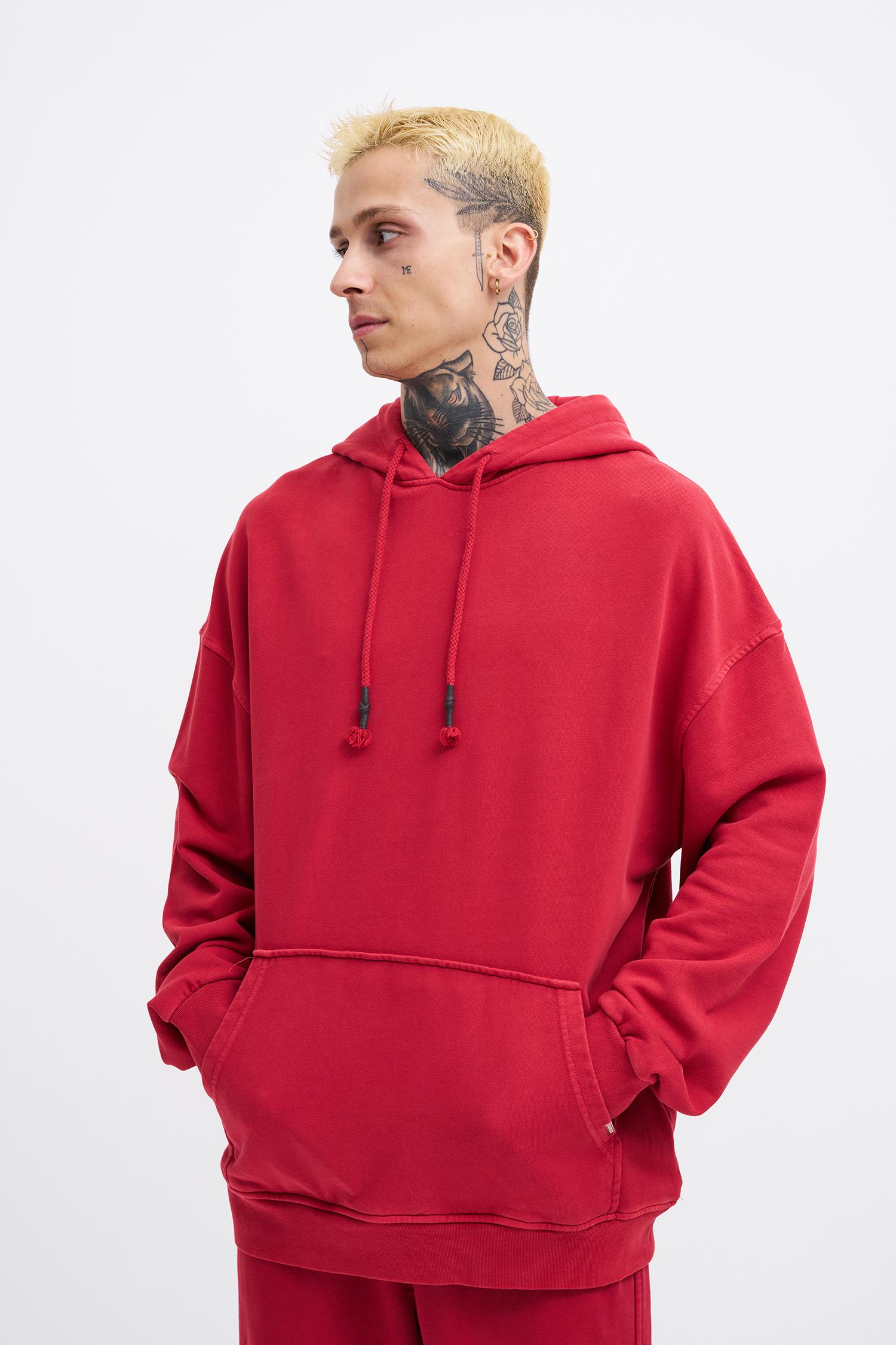 Erkek Yıkamalı Basic Kapüşonlu Oversize Sweatshirt Açık Kırmızı