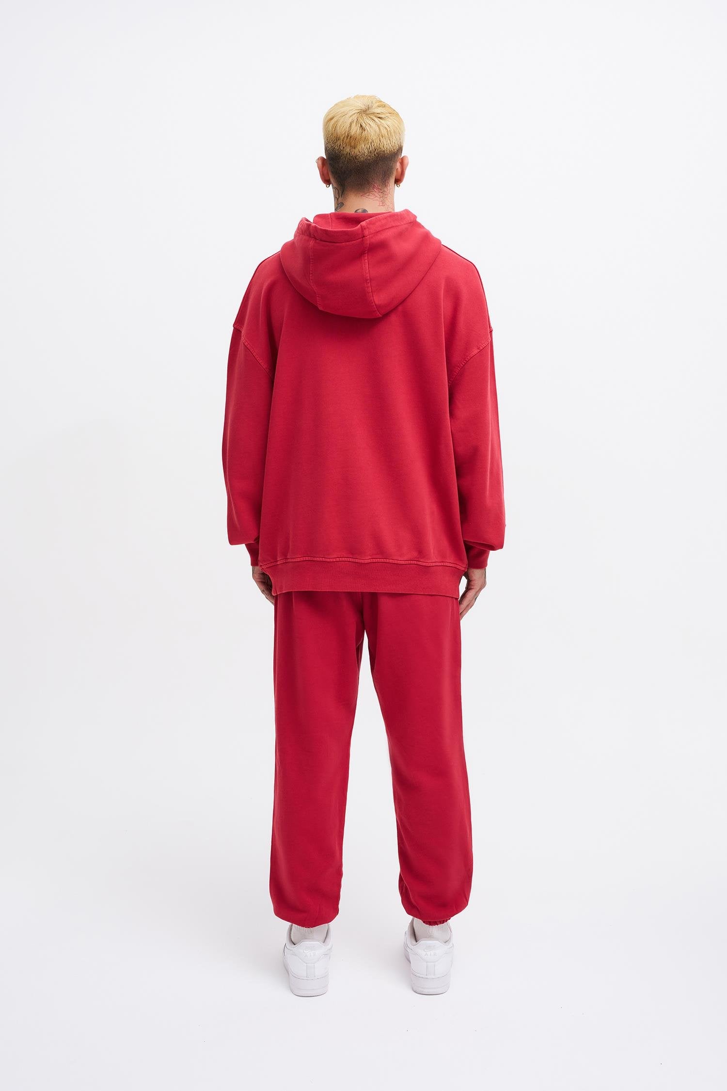 Erkek Yıkamalı Basic Kapüşonlu Oversize Sweatshirt Açık Kırmızı