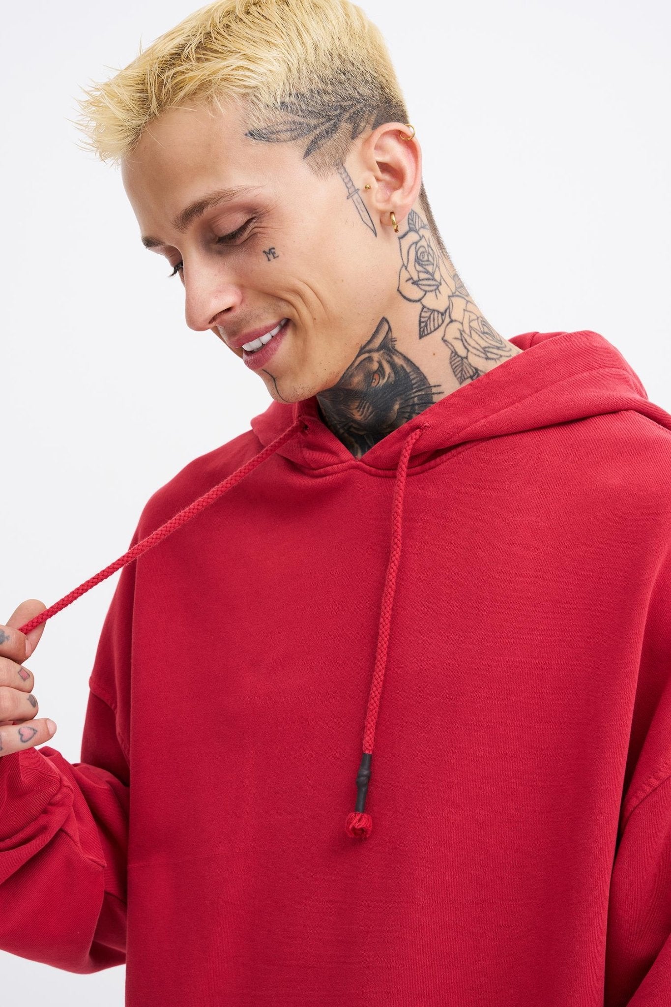 Erkek Yıkamalı Basic Kapüşonlu Oversize Sweatshirt Açık Kırmızı