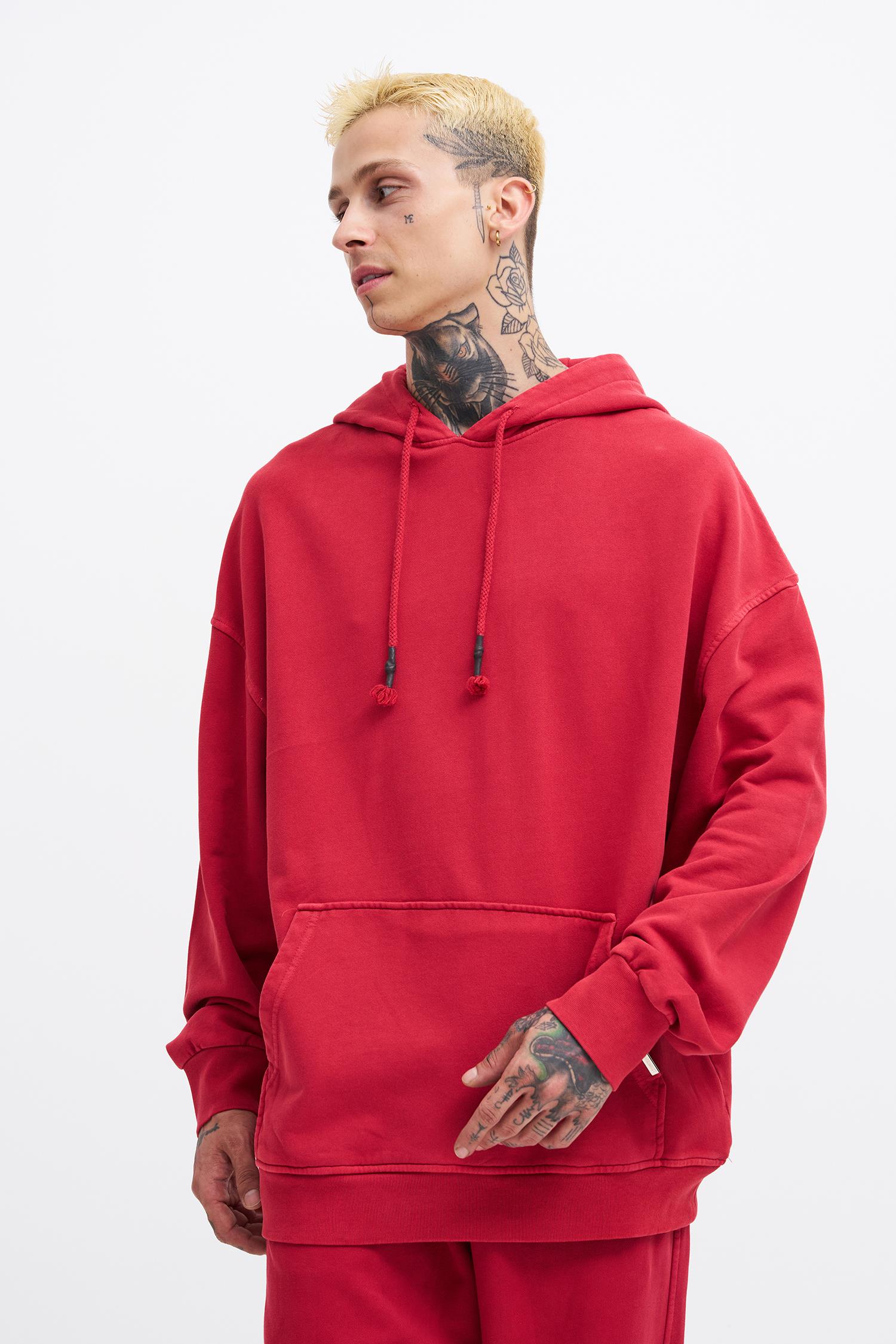 Erkek Yıkamalı Basic Kapüşonlu Oversize Sweatshirt Açık Kırmızı