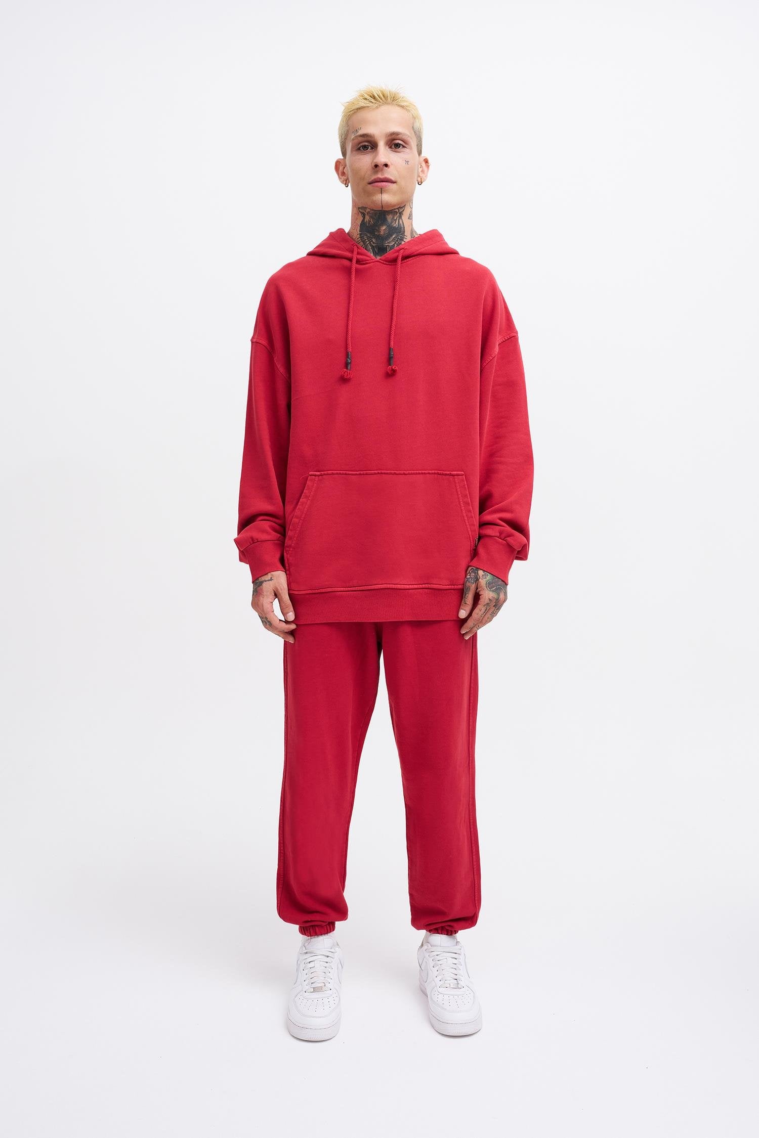 Erkek Yıkamalı Basic Kapüşonlu Oversize Sweatshirt Açık Kırmızı
