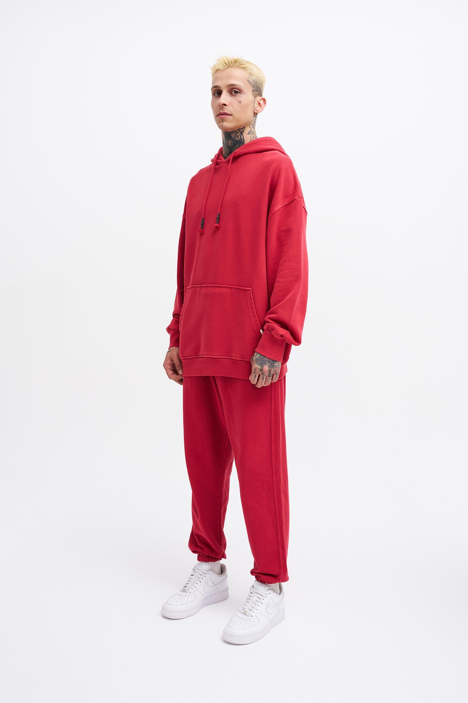 Erkek Yıkamalı Basic Kapüşonlu Oversize Sweatshirt Açık Kırmızı