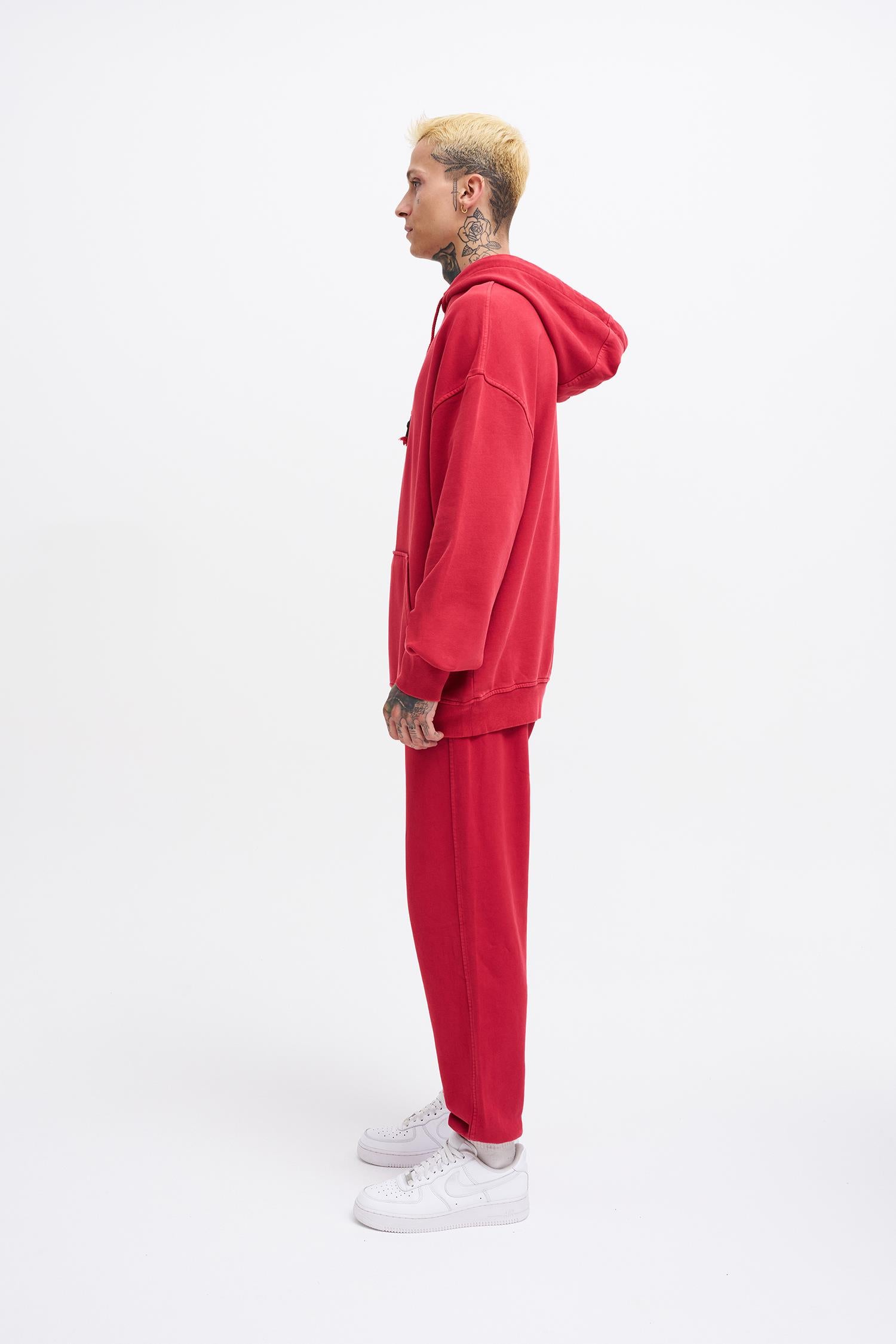 Erkek Yıkamalı Basic Kapüşonlu Oversize Sweatshirt Açık Kırmızı