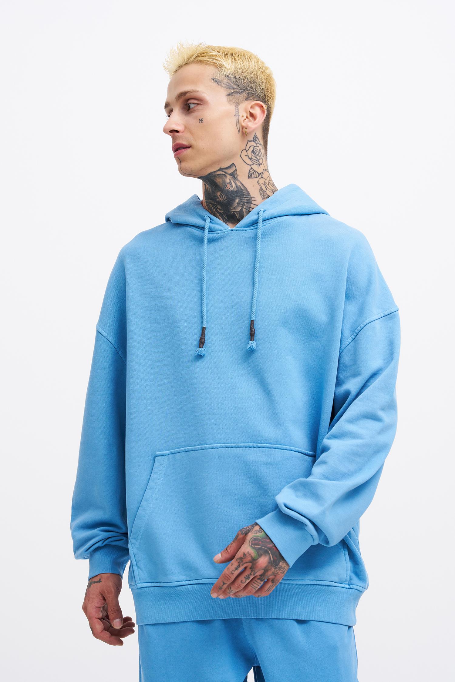 Erkek Yıkamalı Basic Kapüşonlu Oversize Sweatshirt Açık Mavi