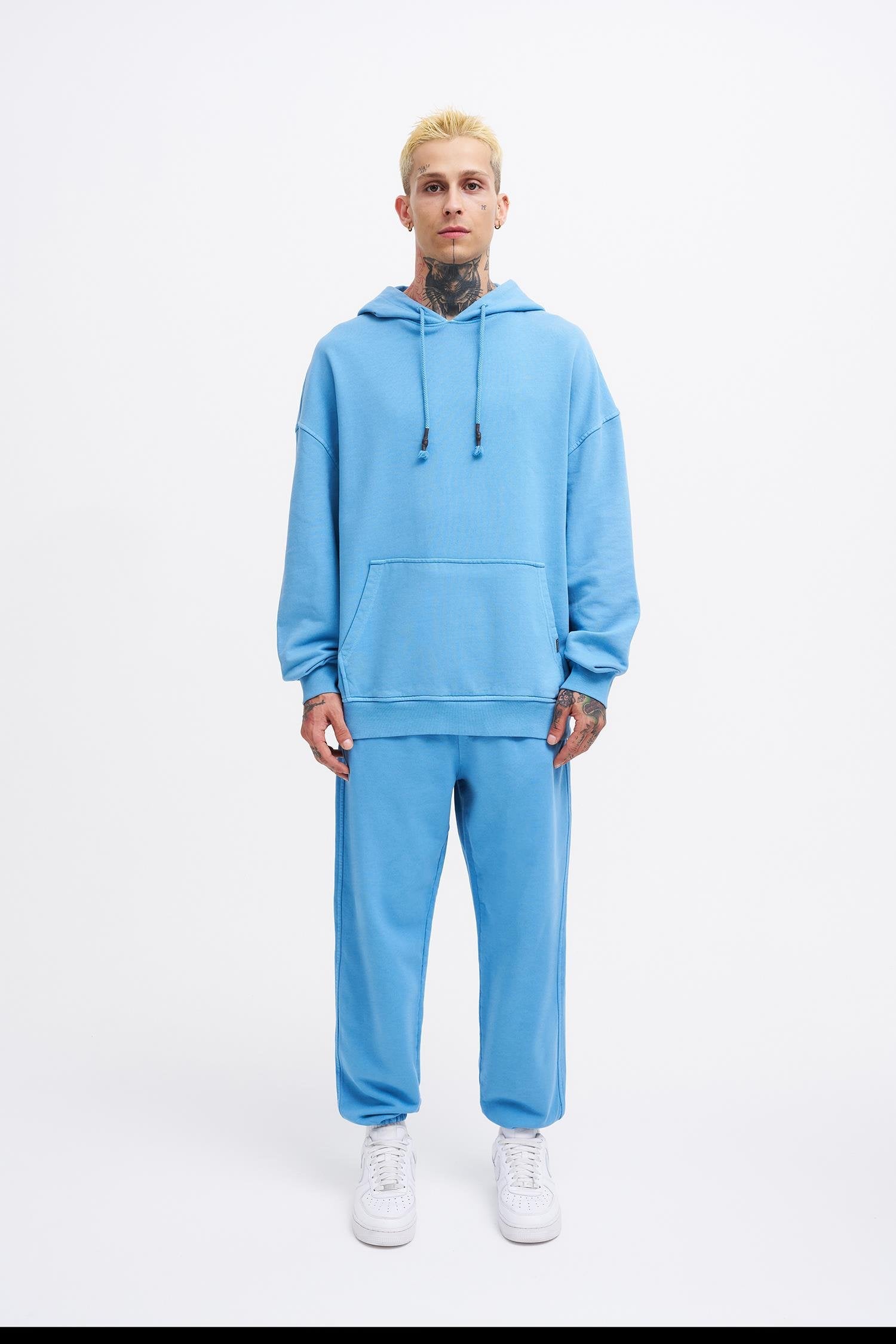 Erkek Yıkamalı Basic Kapüşonlu Oversize Sweatshirt Açık Mavi