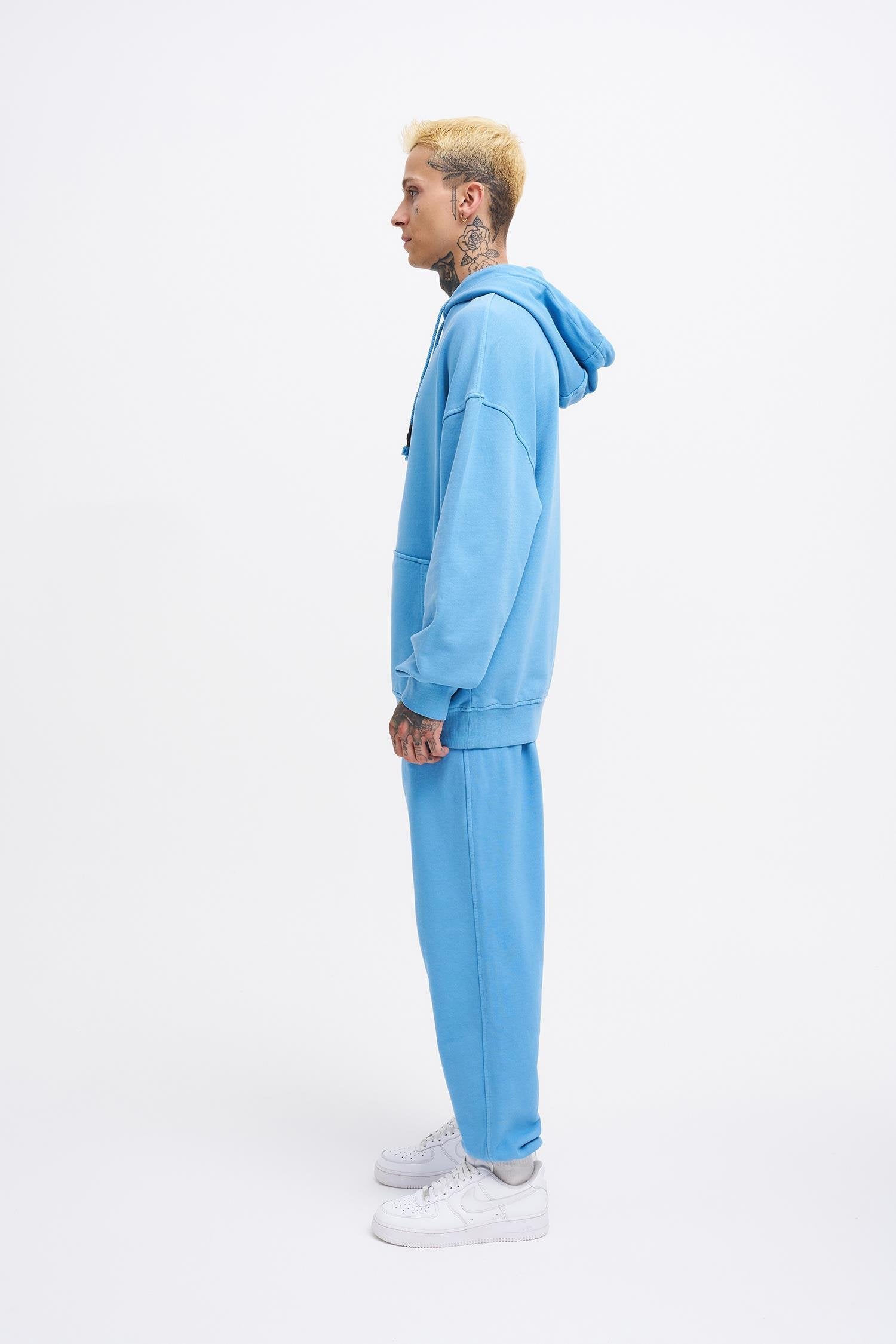 Erkek Yıkamalı Basic Kapüşonlu Oversize Sweatshirt Açık Mavi