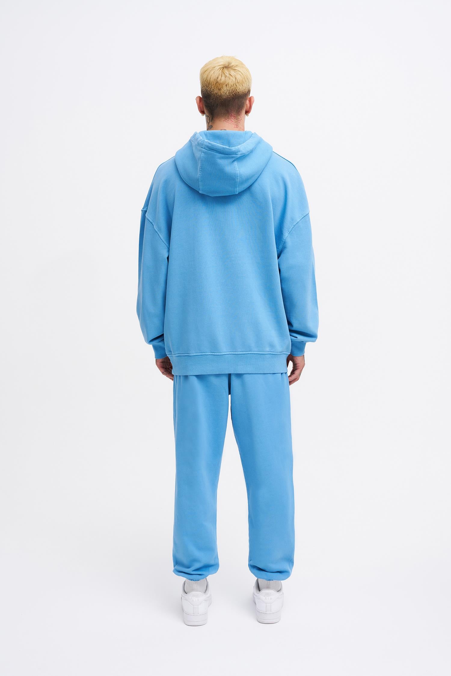 Erkek Yıkamalı Basic Kapüşonlu Oversize Sweatshirt Açık Mavi