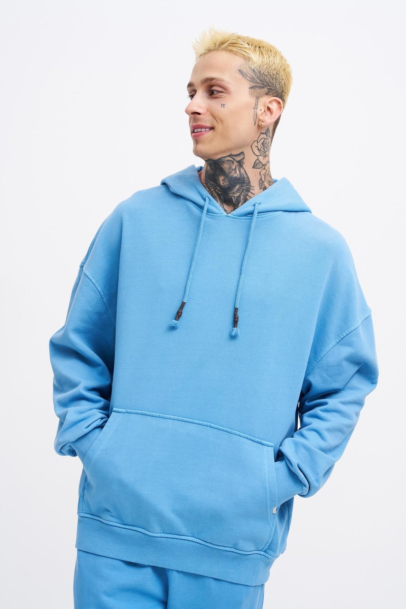 Erkek Yıkamalı Basic Kapüşonlu Oversize Sweatshirt Açık Mavi