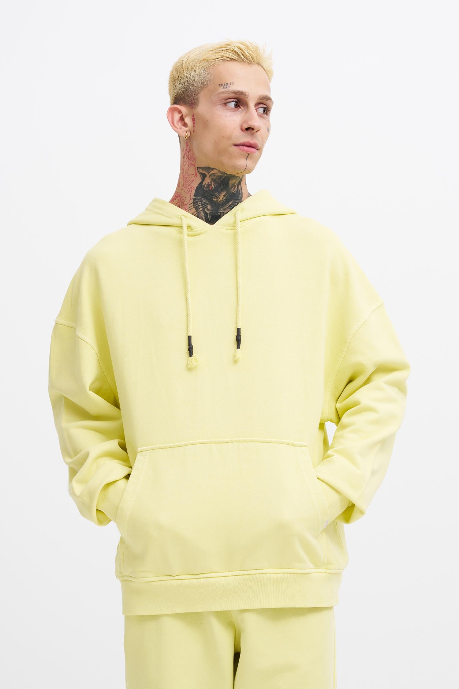 Erkek Yıkamalı Basic Kapüşonlu Oversize Sweatshirt Açık Sarı