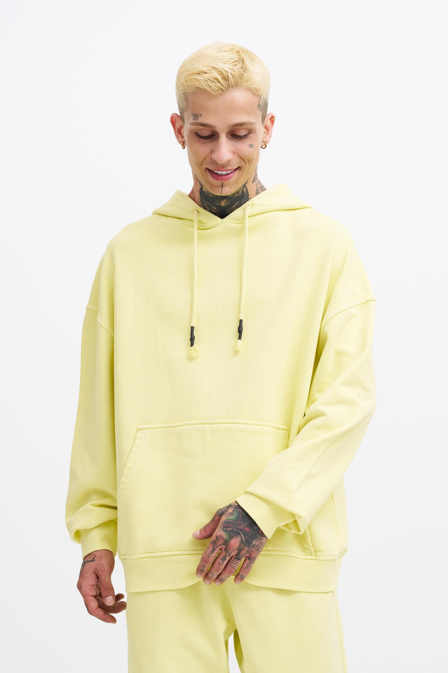 Erkek Yıkamalı Basic Kapüşonlu Oversize Sweatshirt Açık Sarı