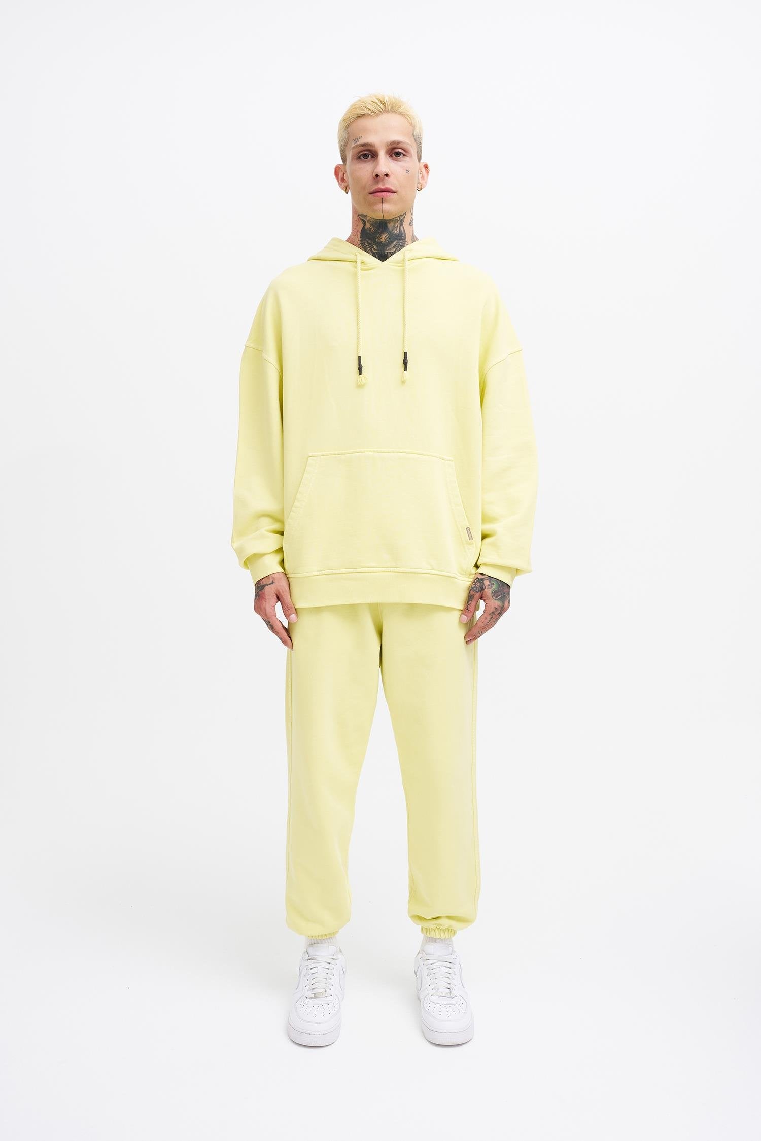 Erkek Yıkamalı Basic Kapüşonlu Oversize Sweatshirt Açık Sarı