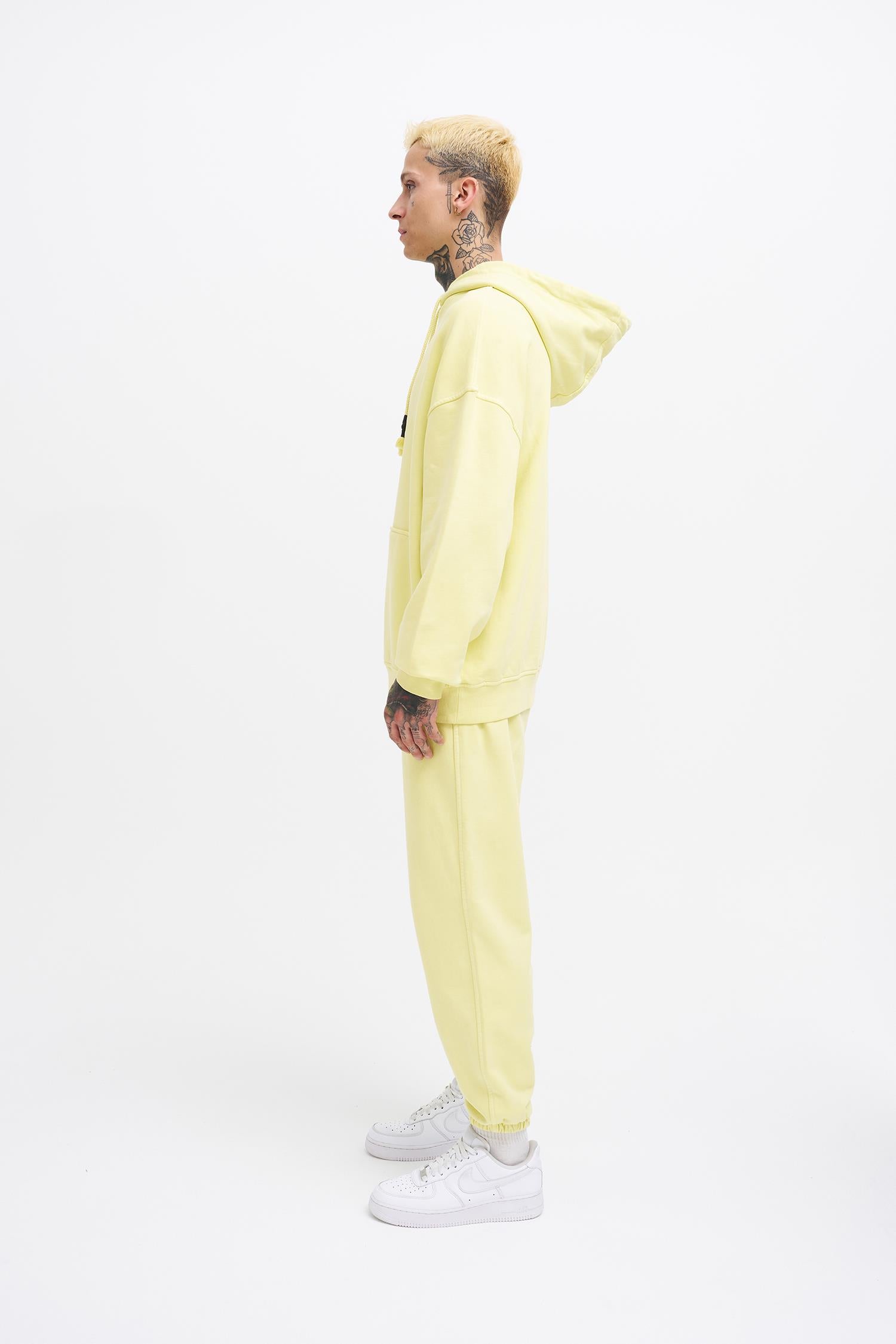 Erkek Yıkamalı Basic Kapüşonlu Oversize Sweatshirt Açık Sarı