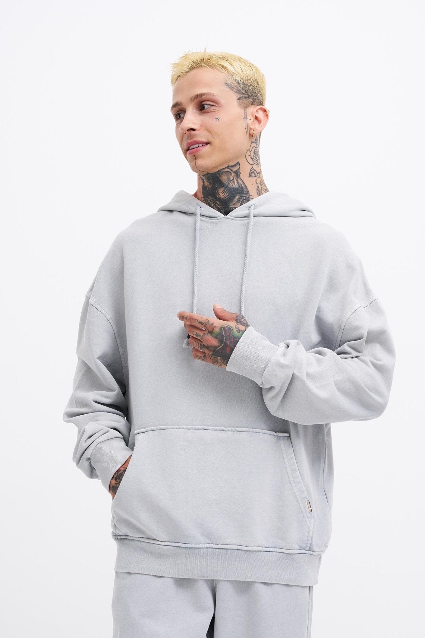 Erkek Yıkamalı Basic Kapüşonlu Oversize Sweatshirt Gri